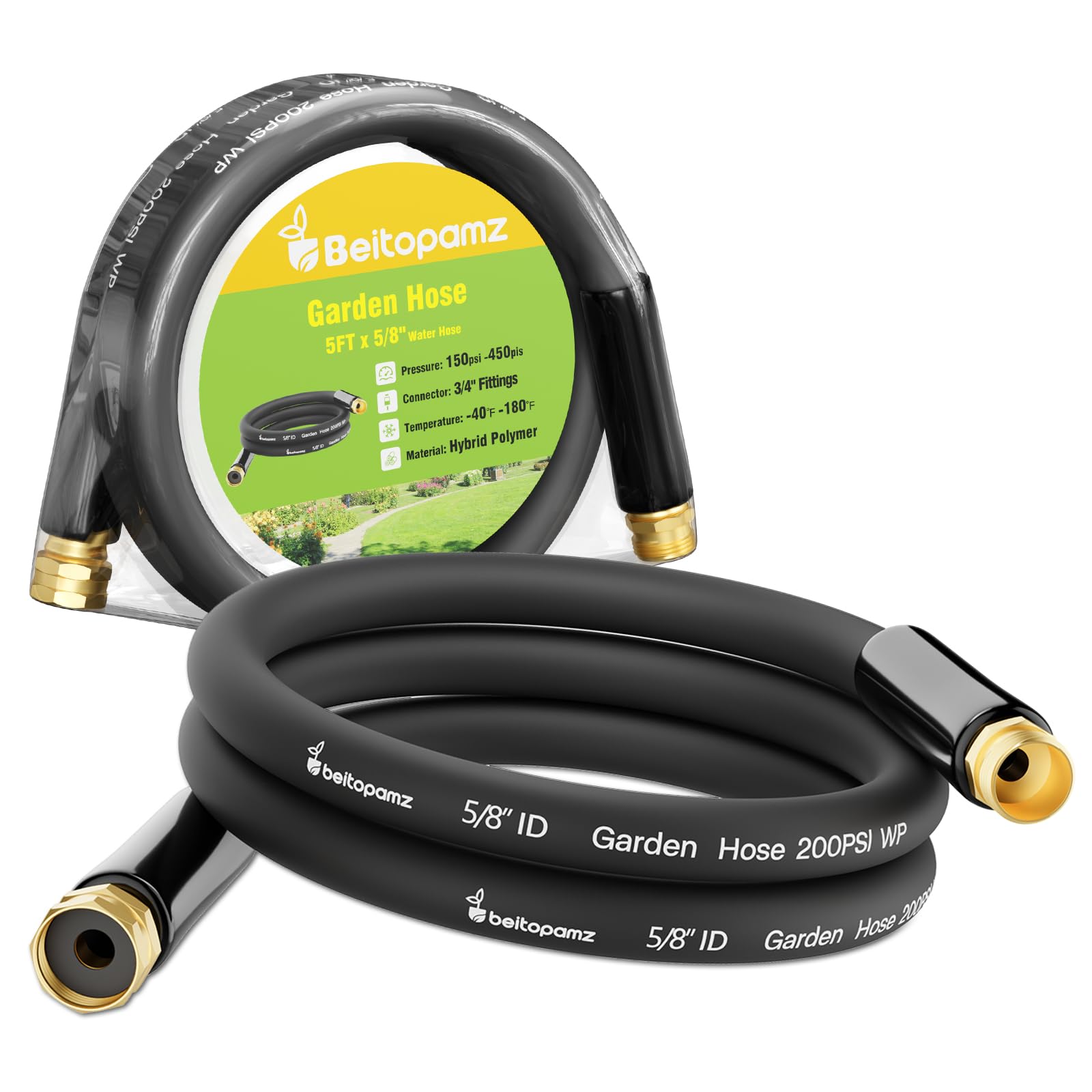 Beitopamz Short Garden Hose 5 ft x 5/8 in Male to Female Heavy Duty Small Water Hose Extender Connector, Lightweight Hybrid Hose, Solid Fittings Leakproof Rubber Leader Hose, Drinking Water Safe Black