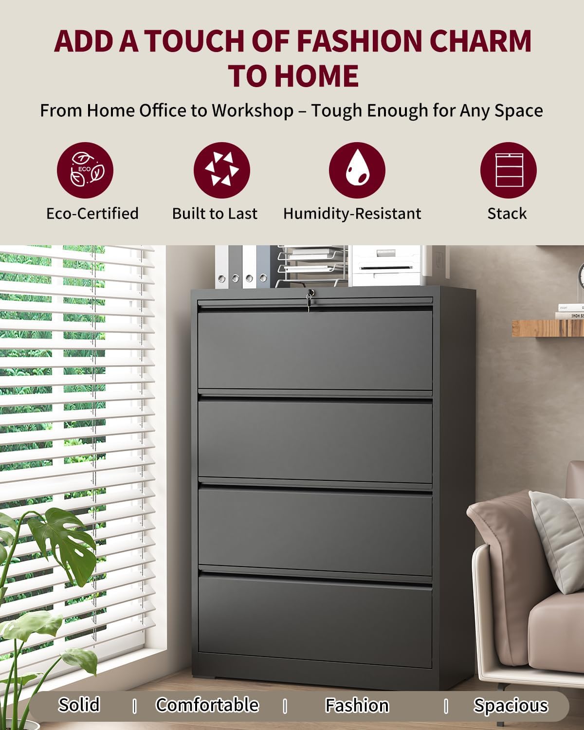 Lateral File Cabinet with 4 Drawer, Metal File Cabinets for Home Office with Lock, Large Filing Storage Cabinet Printer Stand, Steel Wide File Cabinet for Legal/A4/F4/Letter Size Files(Black)