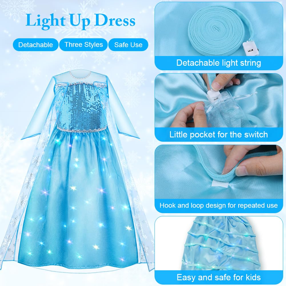 AYBUY Princess Costume for Girl Light Up Princess Dress Up with Magic Wand Crown, Girls Blue LED Costume - Image 4
