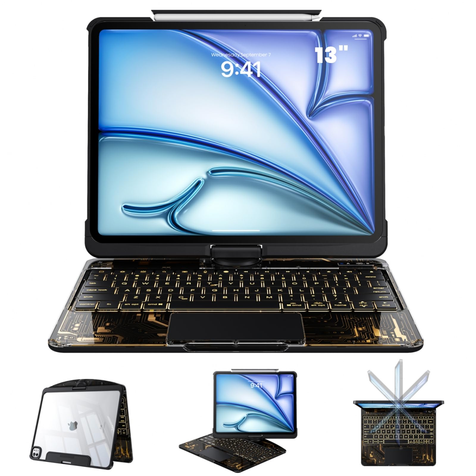 Clear Case with Keyboard for iPad Air 13 Inch (M4/M3/M2, 2026/2025/2024) &amp; 12.9 Pro (3/4/5/6th), 360°+180° Rotating iPad Keyboard, LCD Display, Pencil Holder, 7-Color Backlit, Trackpad, Black