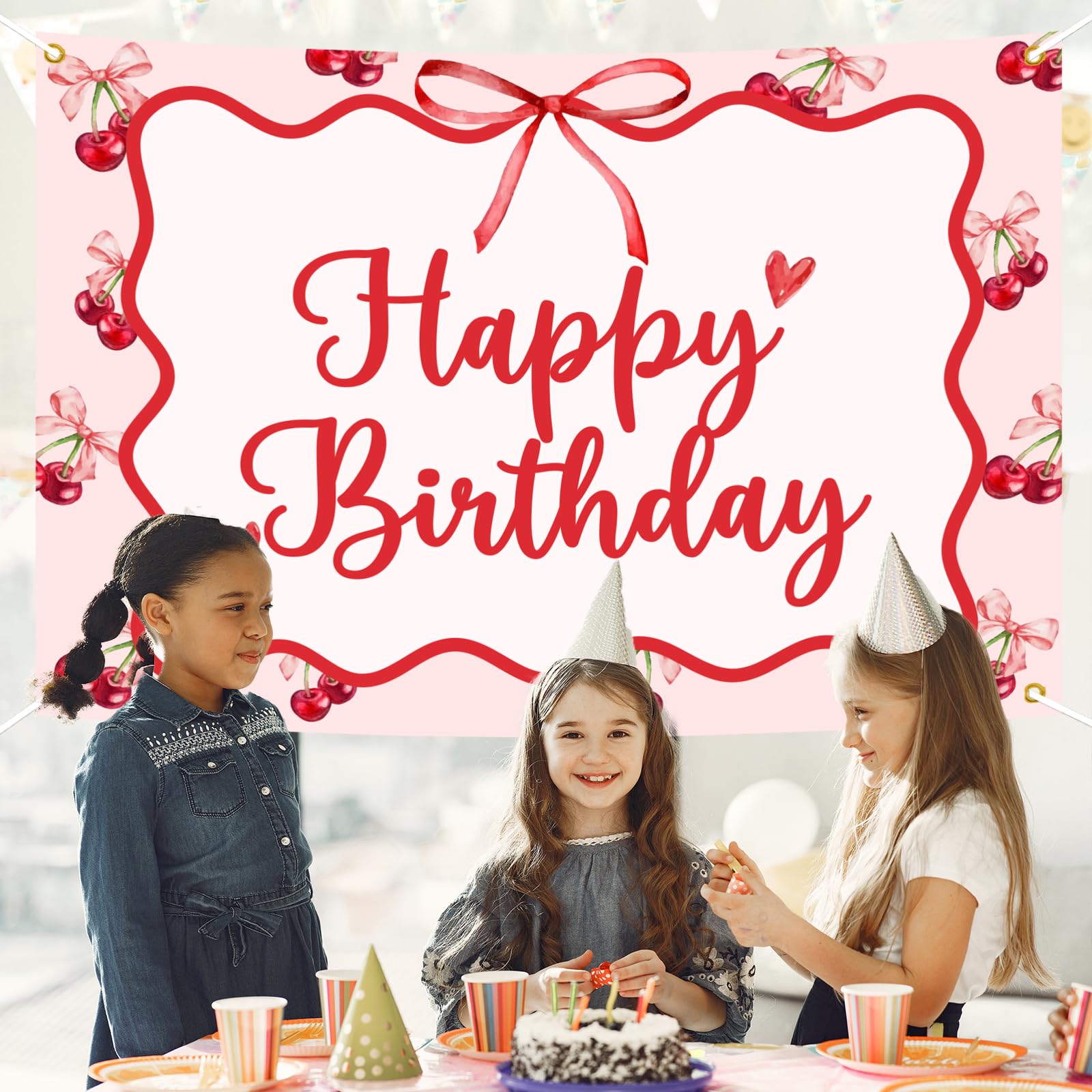 Cherry Birthday Banner 6x3.6 Ft - Red & Pink Party Backdrop For Girls & Women Birthday Decor - View #12