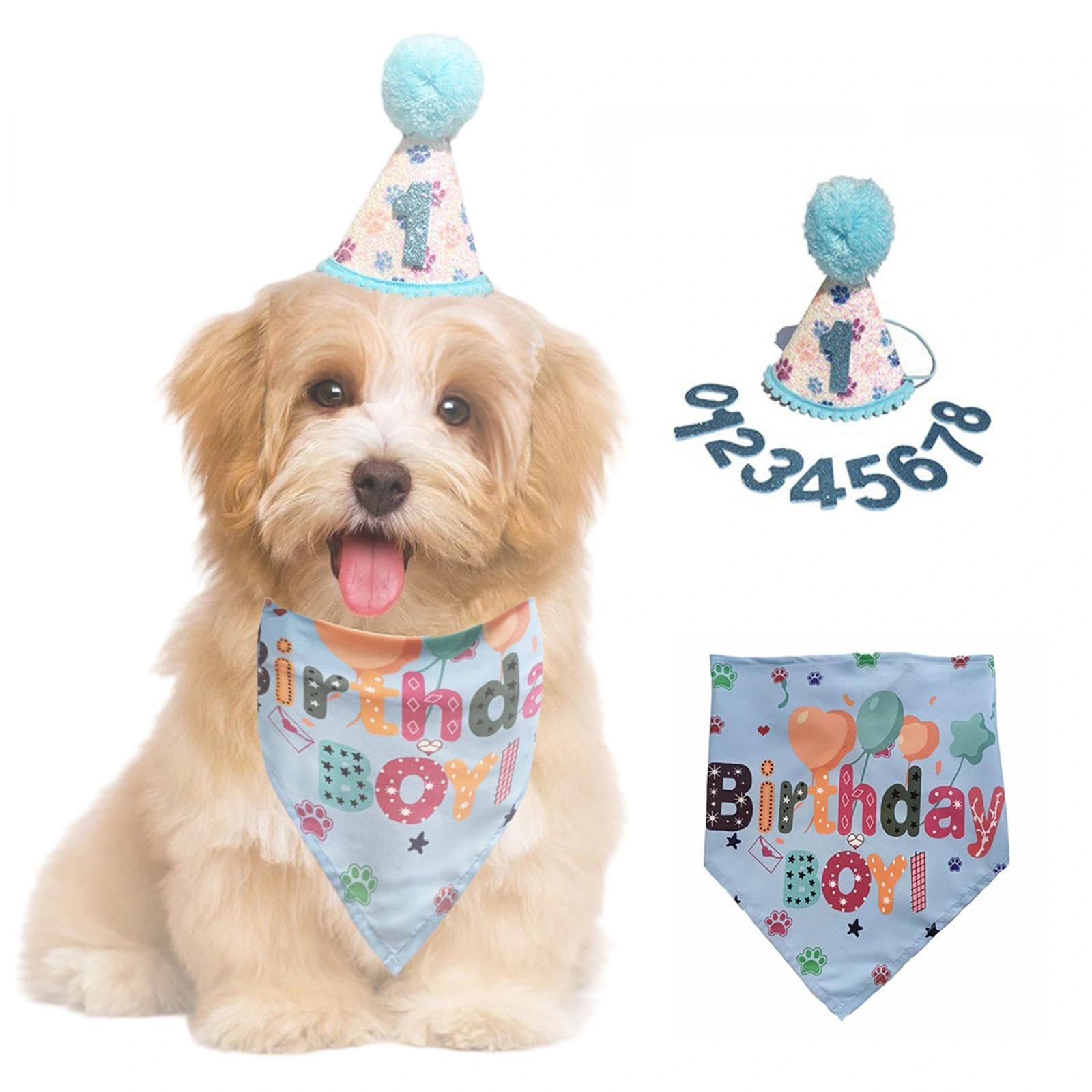 Dog Birthday Bandana Set | Cake Party Supplies with Adjustable Hat, Glitter Numbers, Reusable Scarf Cap, and Gifts | Pet Apparel Accessories in Blue(Boy)
