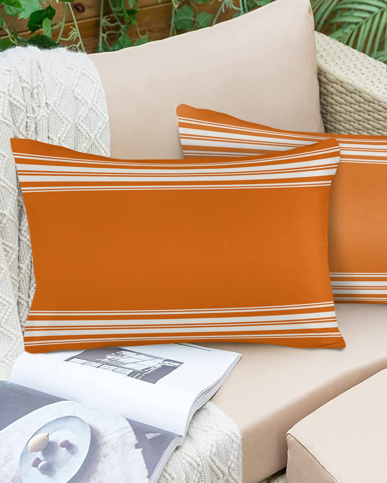 Outdoor Pillow Covers Waterproof, Thanksgiving Throw Pillowcase Decorative Cover, Fall Luxurious Orange White Striped Harvest Autumn Lumbar Pillow Covers Set of 2 for Sofa, Couch, Tent, Patio 20