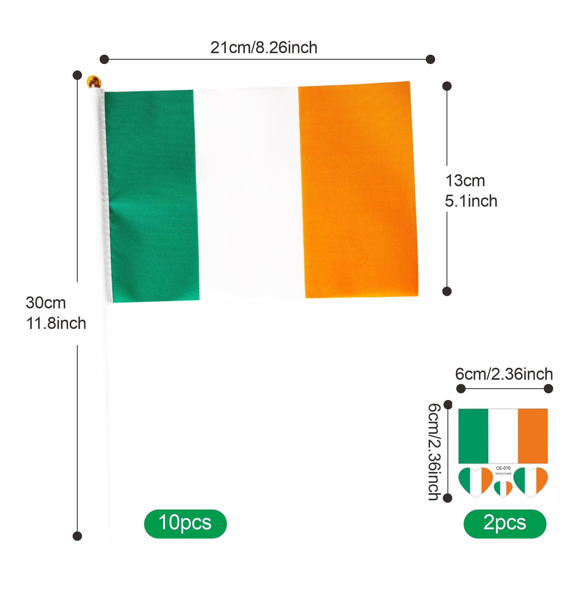 10pcs Irish Flag on Sticks & 2pcs Tattoos - Image 2