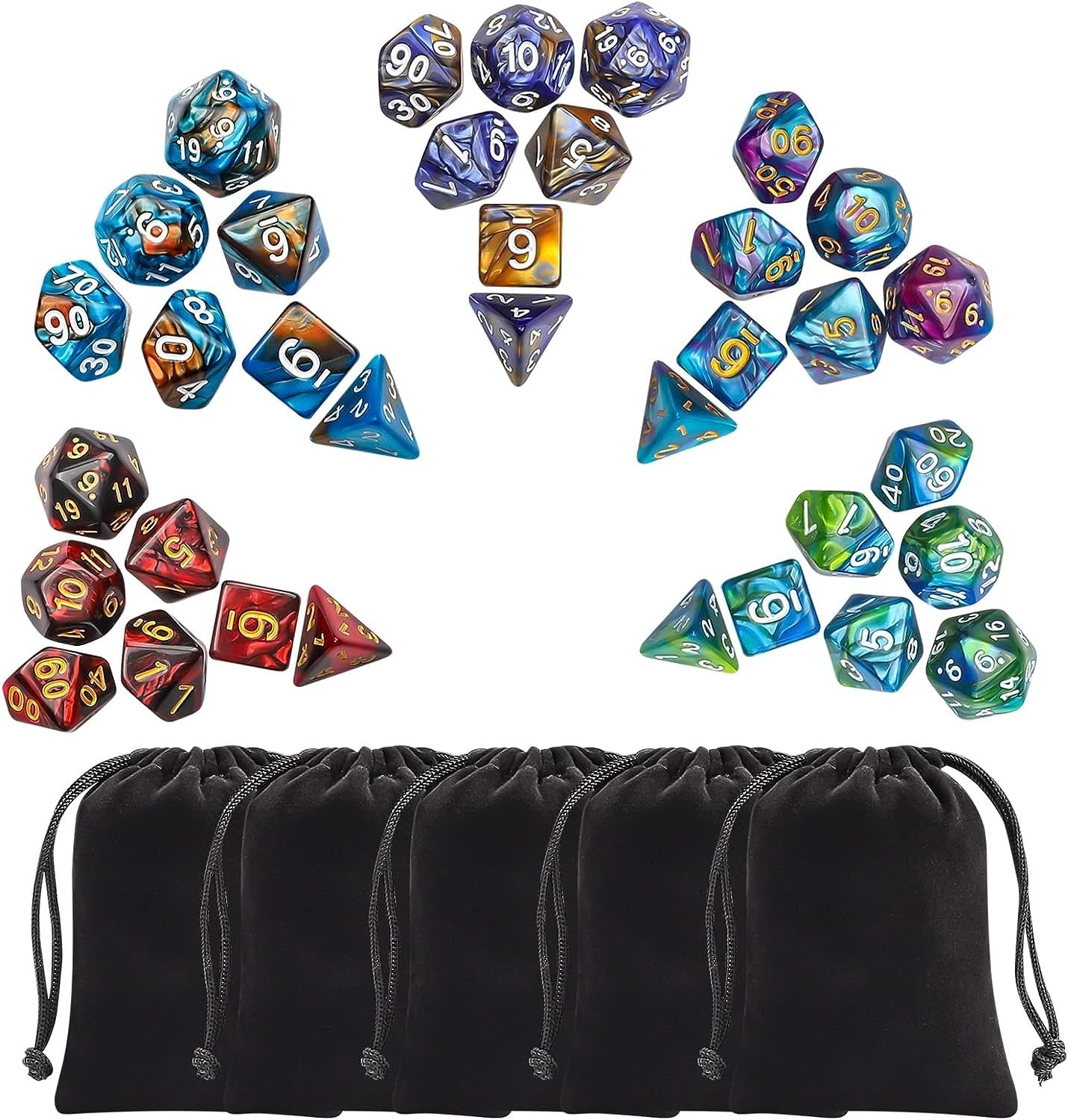 THE WHITE SHOP Polyhedral Dice Set with Black Pouches, 5 Complete Double-Colors Dice Sets of D4 D6 D8 D10 D% D12 D20 Compatible with Table Games