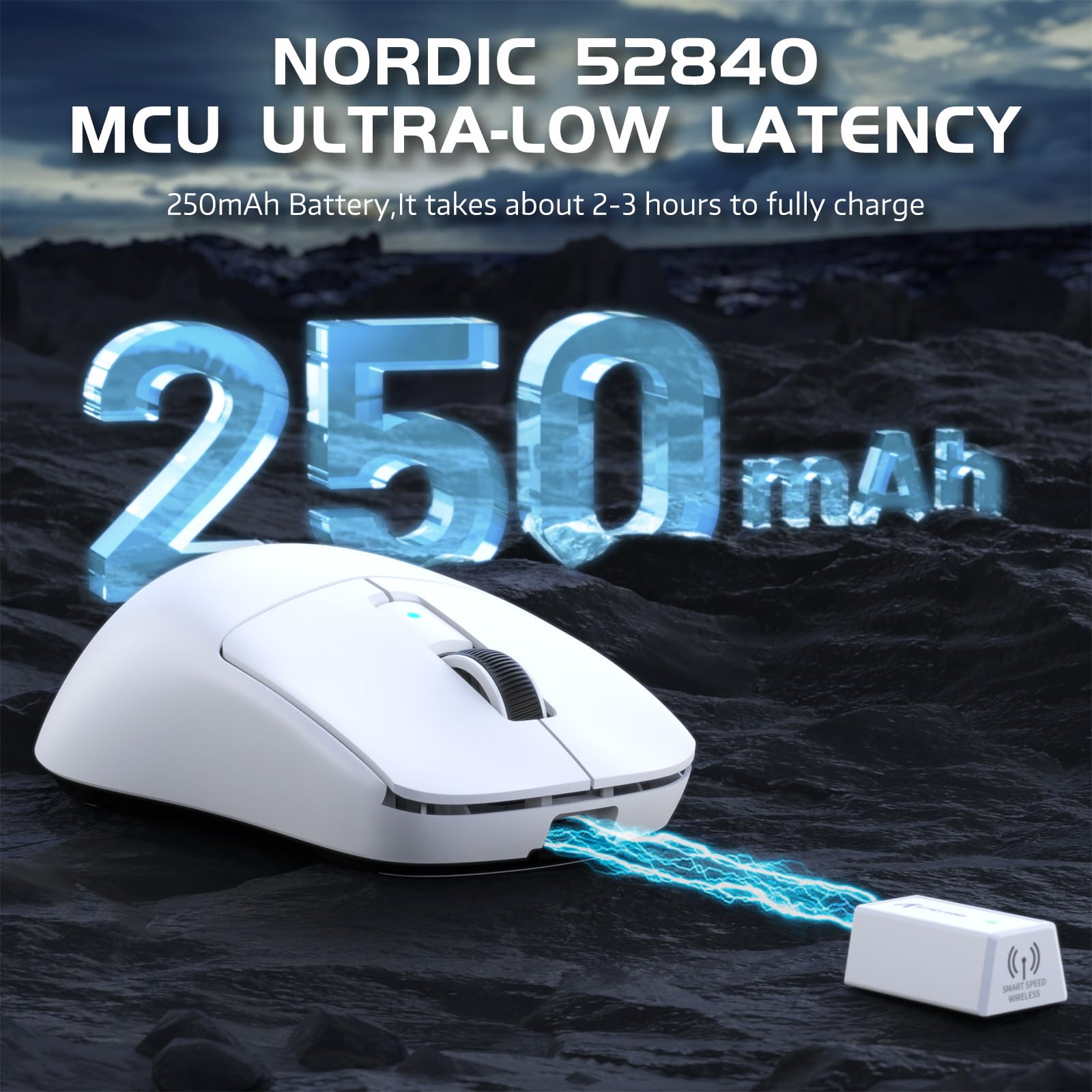ATTACK SHARK R6 Mouse da gioco wireless 8KHz, SUPERLEGGERO 42g, Nordic 52840 MCU, sensore da gioco PixArt PAW3950MAX, BT/2.4G/Cablato, 6 DPI regolabili fino a 42000, batteria da 250mAh, PC/Mac(bianco)
