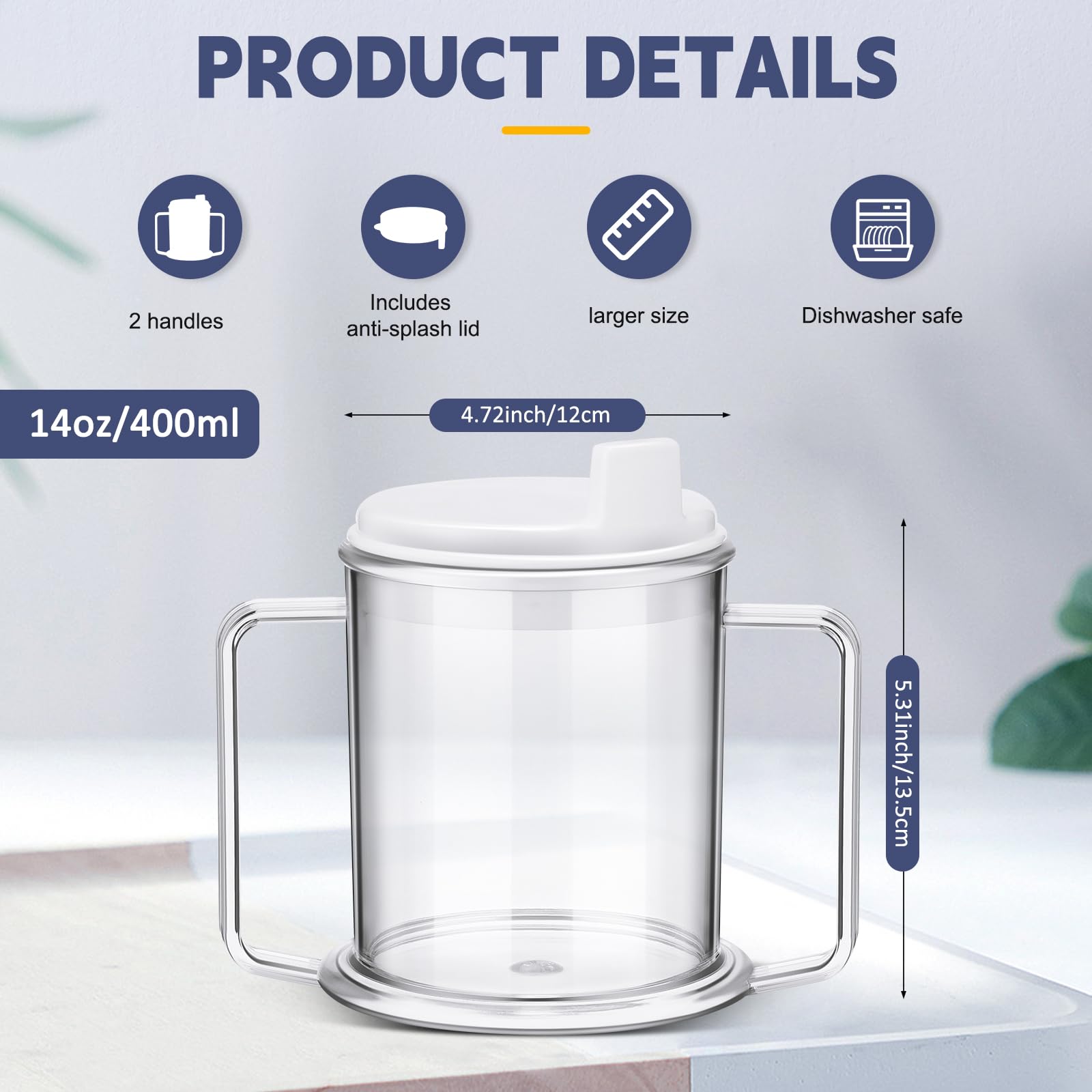 Tioncy 12 vasos de plástico para adultos de 13.5 onzas con 2 asas, tazas de plástico con asas a prueba de derrames, tazas ligeras para discapacitados para adultos mayores con movilidad limitada
