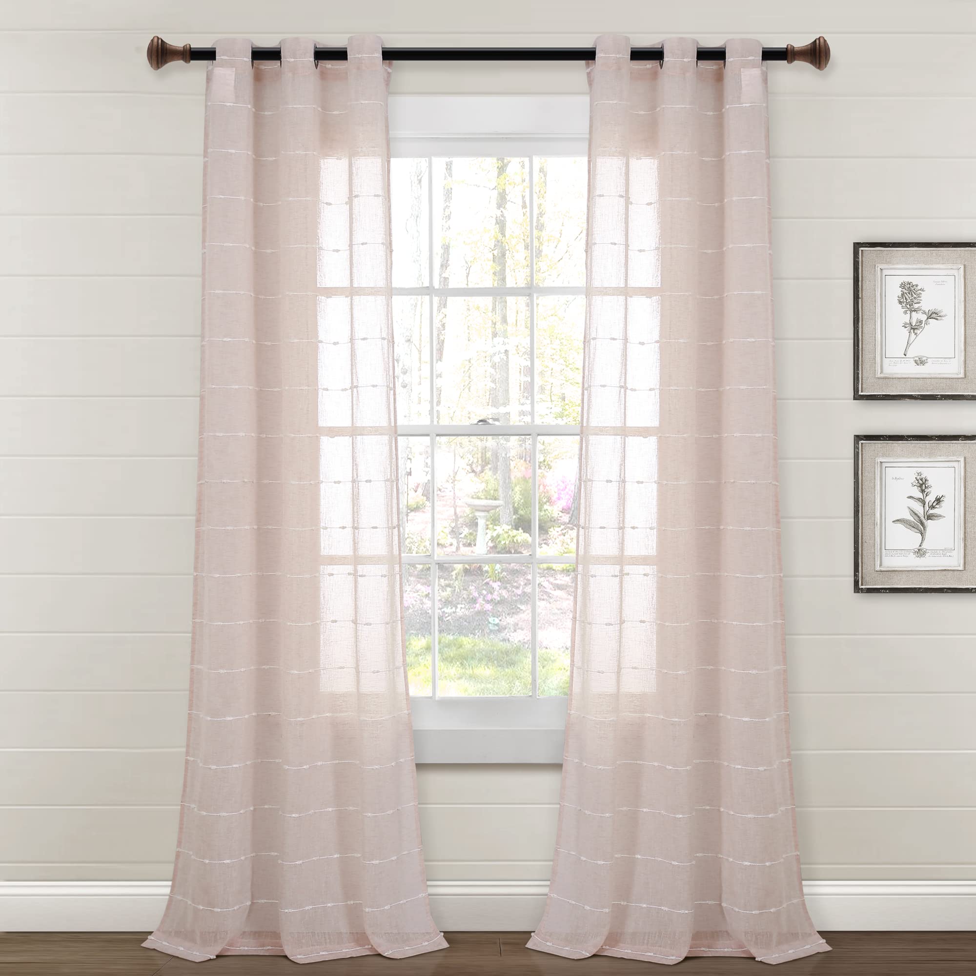 Lush Decor Farmhouse Textured Grommet Sheer Window Curtain Panel Pair, 84" Long x 38" Wide, Blush