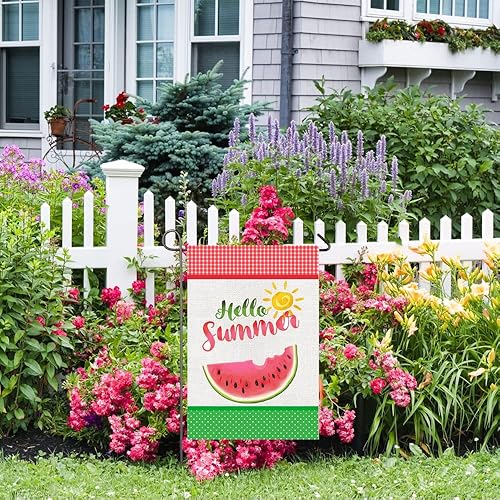 Miniatura 4 de Bandera de jardín de verano de 12 x 18 pulgadas, bandera de jardín de sandía de doble cara, bandera de arpillera a cuadros, banderas de verano para