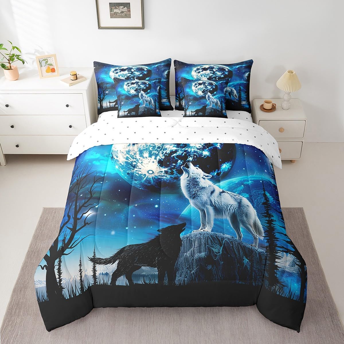 Feelyou Kids Wolf 7 Piece Bedding Set King Size, Galaxy Howling Wolf Bed in a Bag for Kids Toddler Boys Girls Blue Starry Sky Bed in a Bag with Comforter, Sheets, Pillowcases & Cushion Cover