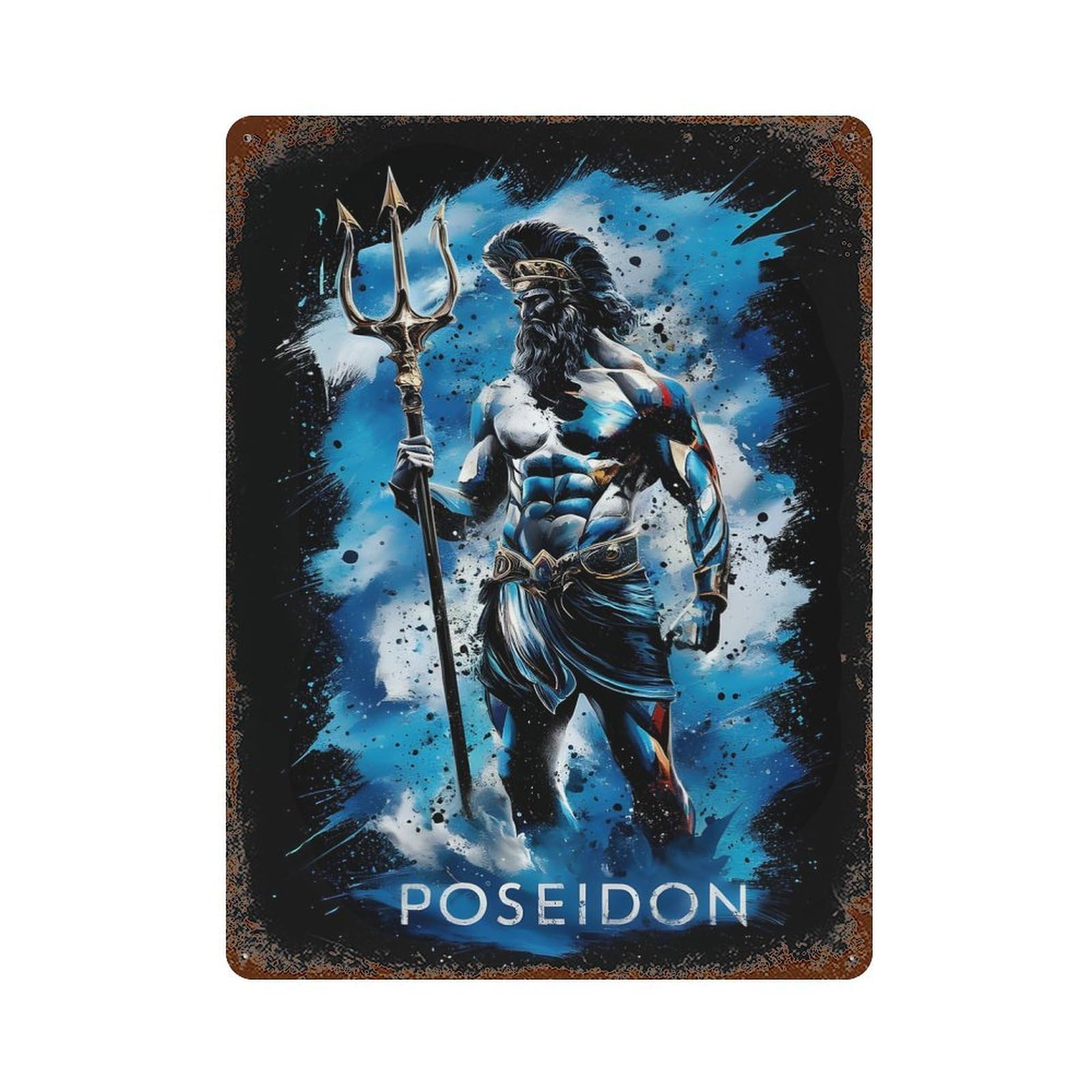 Poseidon Greek God Art Mythology 15.7"x11.8" Decorative Tin Sign, Rustic Home Decor for Patio, Garden Room And Bar Decor