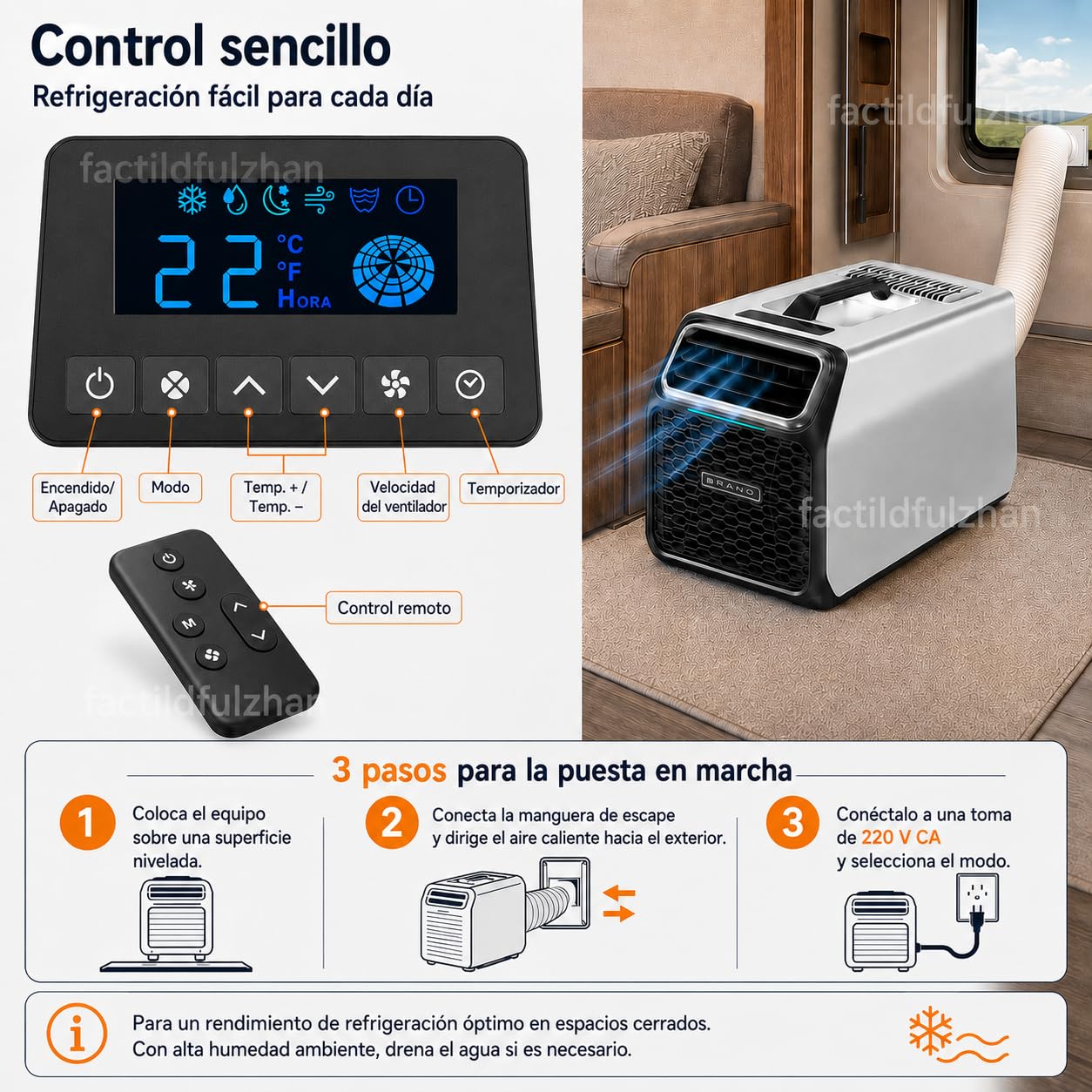 Aire acondicionado portátil 220V-240V 1400W 5000BTU Nuevo modelo Gray-220V | Refrigeración para 8-10 m² con deshumidificación, modo sueño, temporizador y pantalla LCD táctil para hogar y oficina.