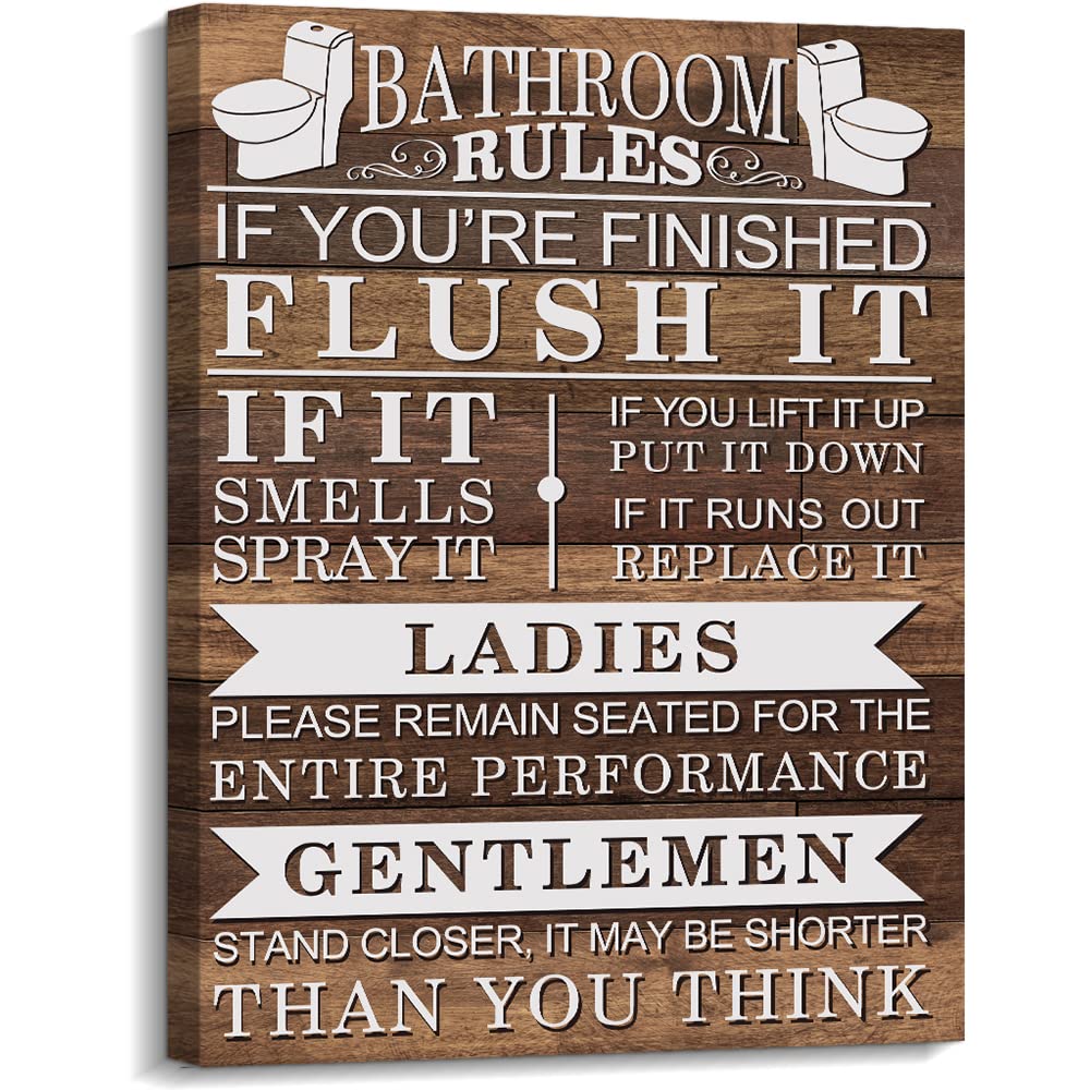 Kas HomeBathroom Canvas Wall Art | Rustic Bathroom Funny Rules Prints Signs Framed | Wood Background Bathroom Laundry Room Decor (Brown - bathroom, 12 x 15 inch)