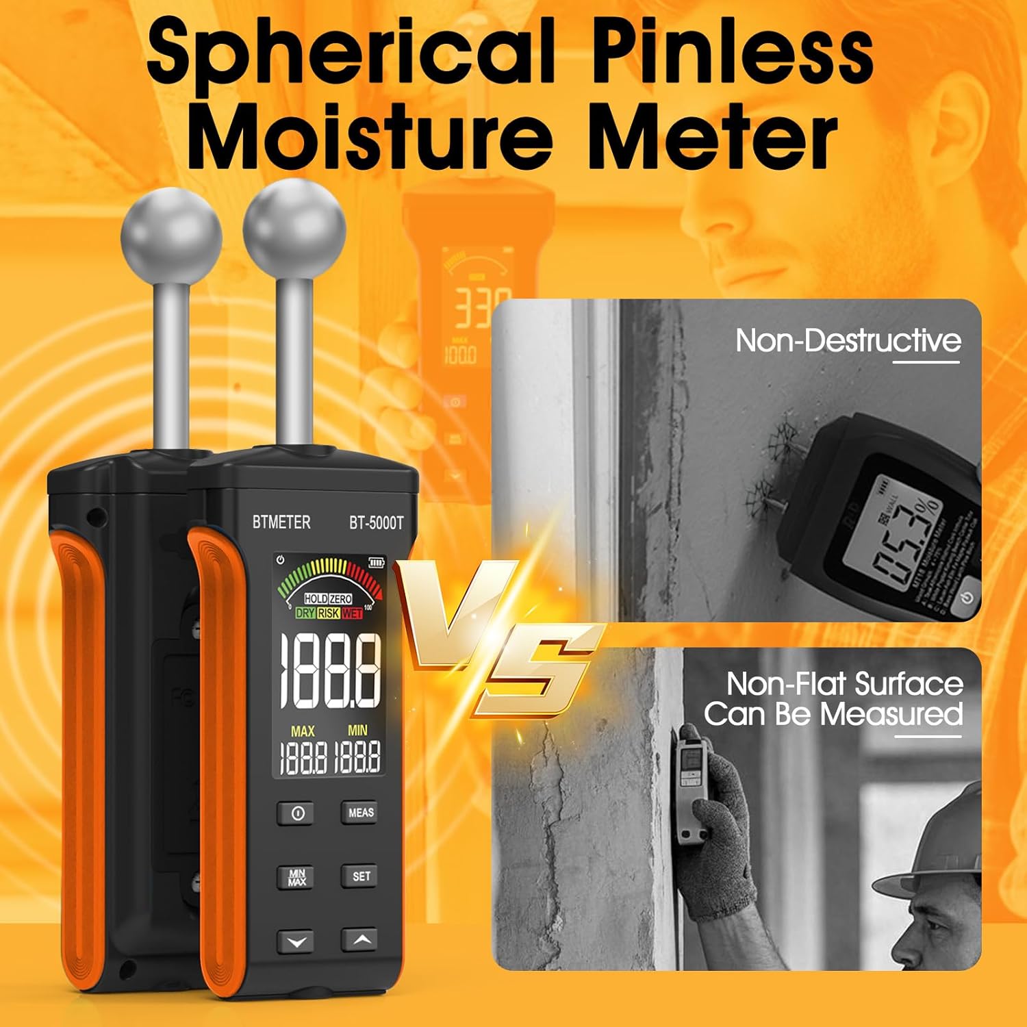 BTMETER Wood Moisture Meter - Pinless Moisture Detector Measur Depth 20-40mm Non-Destructive Moisture Tester with Masonry Spherical Sensor Sound Alarm LCD Display for Firewood Walls Flooring Concrete