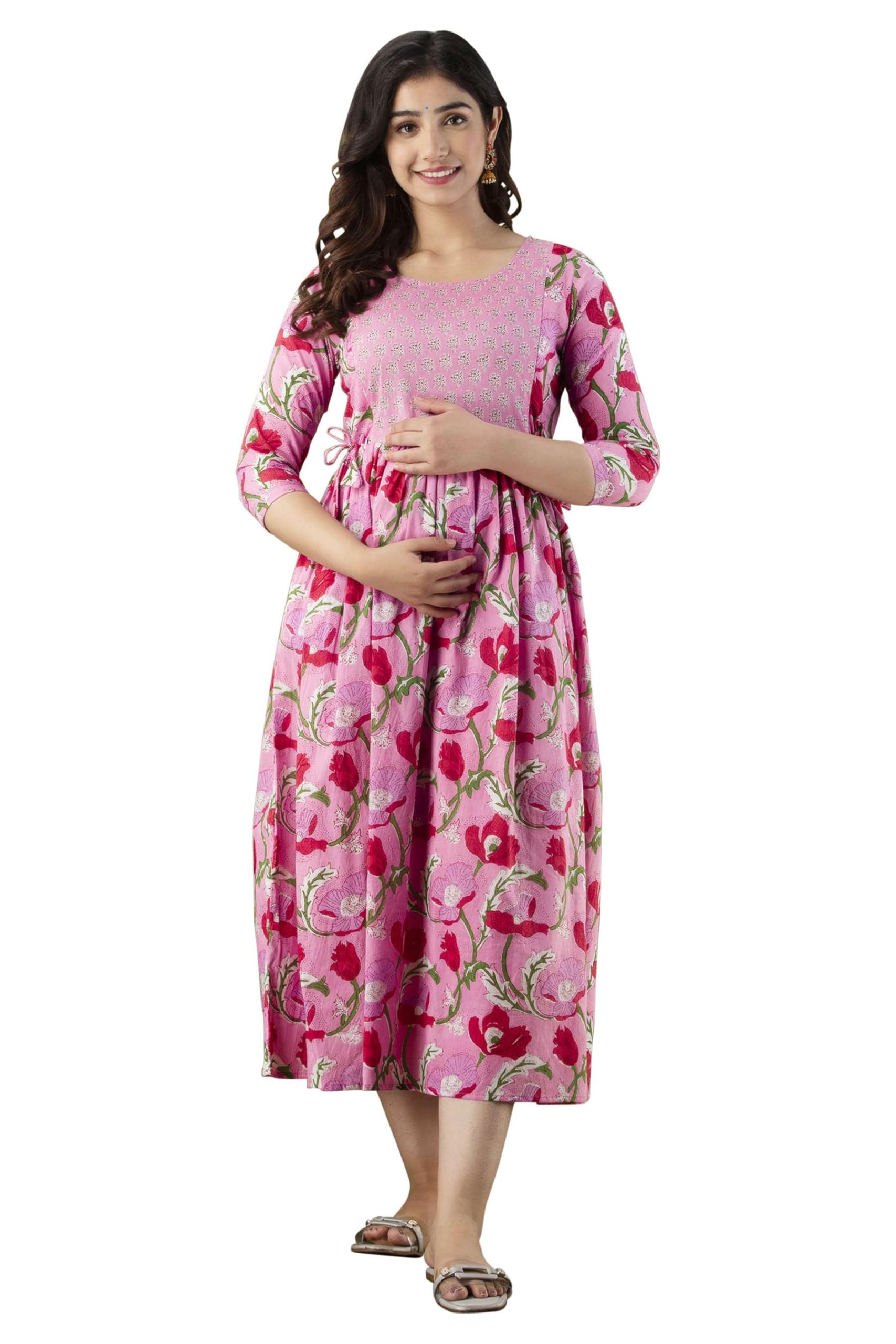 Women's Pure Cotton Maternity Gown/Maternity Wear/Feeding Gown A-line Maternity Feeding Dress/Maternity Dress for Women/Maternity Feeding Kurtis for Women-Light Pink-image-32