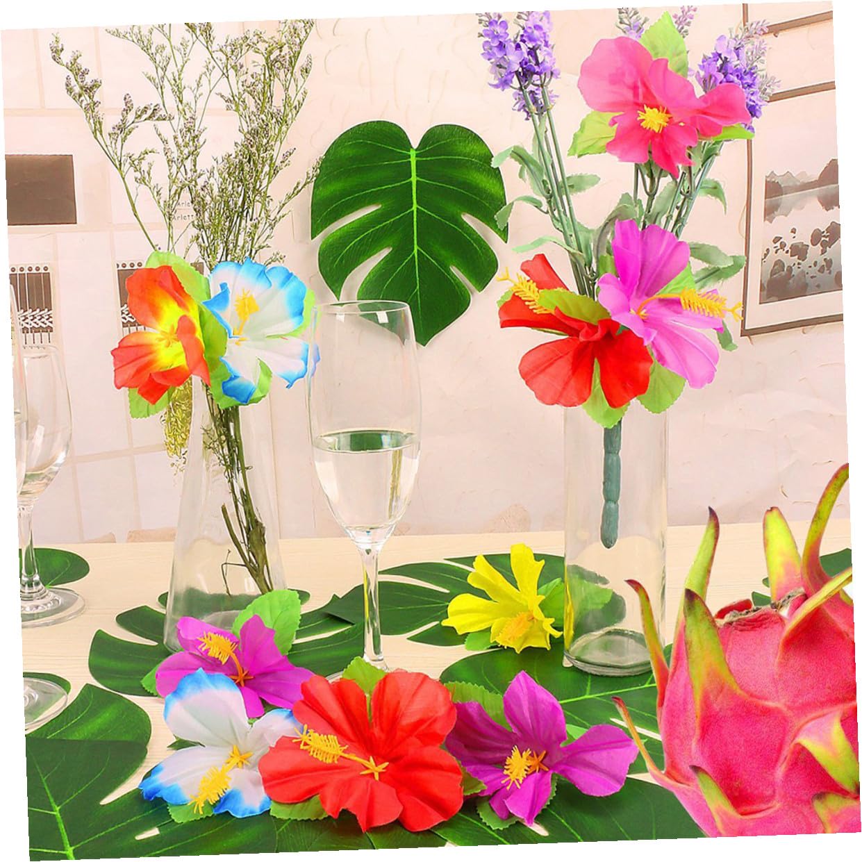 Hemobllo Einzigartiger Tropische Blumendekoration mit 72 Künstlichen Hibiskusblüten aus Stoff als Sommerfest Dekoration und Fotorequisiten für Themenpartys Zufällige Farbe