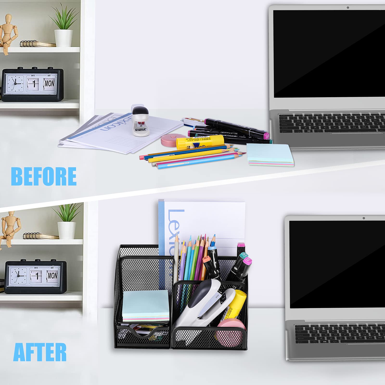 HOPECK Organizer Office Accessories, Multi-Functional Mesh Desk Organizer with 6 Compartments and 1 Drawer for Home, School, Workshop, kitchen (Black) 2