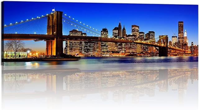 Brooklyn Bridge Wall Art Modern Cityscape Manhattan Pictures Canvas Prints Giclee City Landscape Wall Decor Night View Reflections Photo Paintings Artwork Office Living Room Home Decorations 14x48
