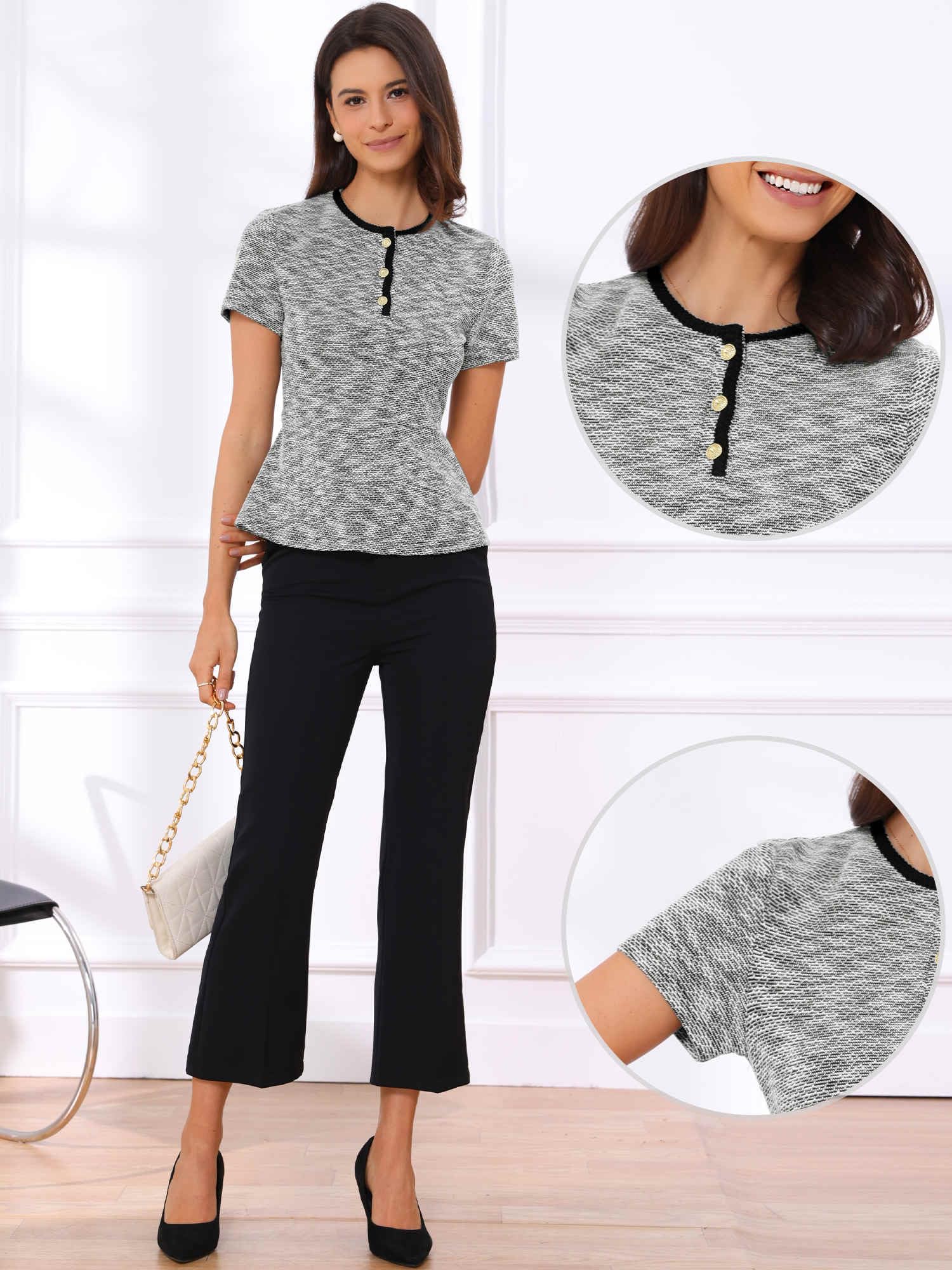 Allegra K Haut en tweed pour femme - Col rond - Manches courtes - Style péplum