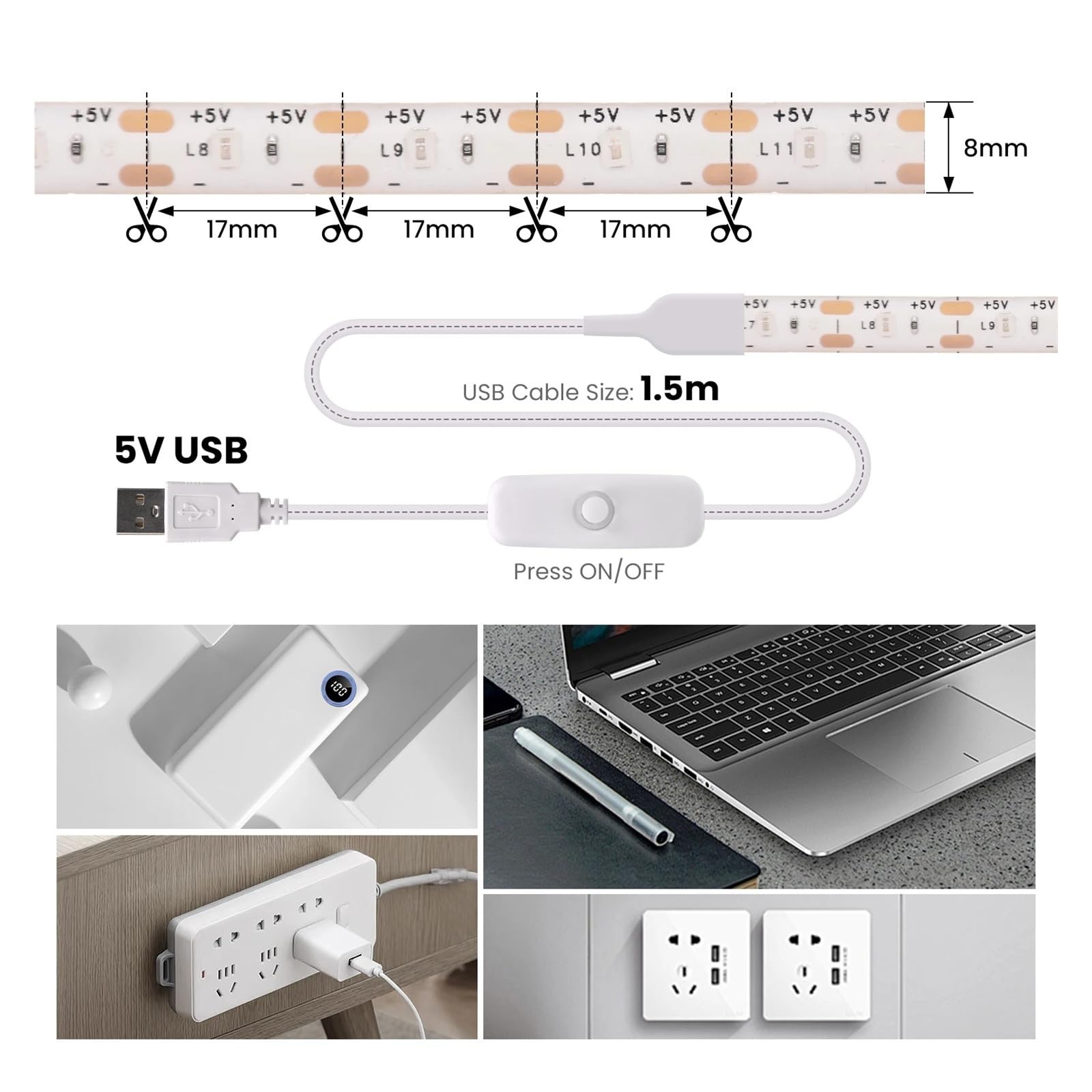 Tira de luces LED alimentada por USB DC5V 2835, cinta de luz Flexible con Control táctil regulable for TV, armario, cocina, retroiluminación nocturna(Green,WITH DIMMER SWITCH_5M_IP65 WATERPROOF)
