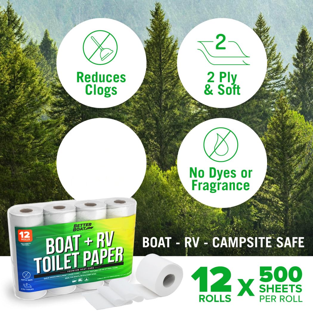 Boot und Wohnmobil Toilettenpapier, Klärgrube, sicher Tissue Toilette, schnell lösend, 12 einzelne (1) Rollen für Marine und Reisen, Wohnmobilsysteme, Camping, biologisch abbaubar, löst sich auf und