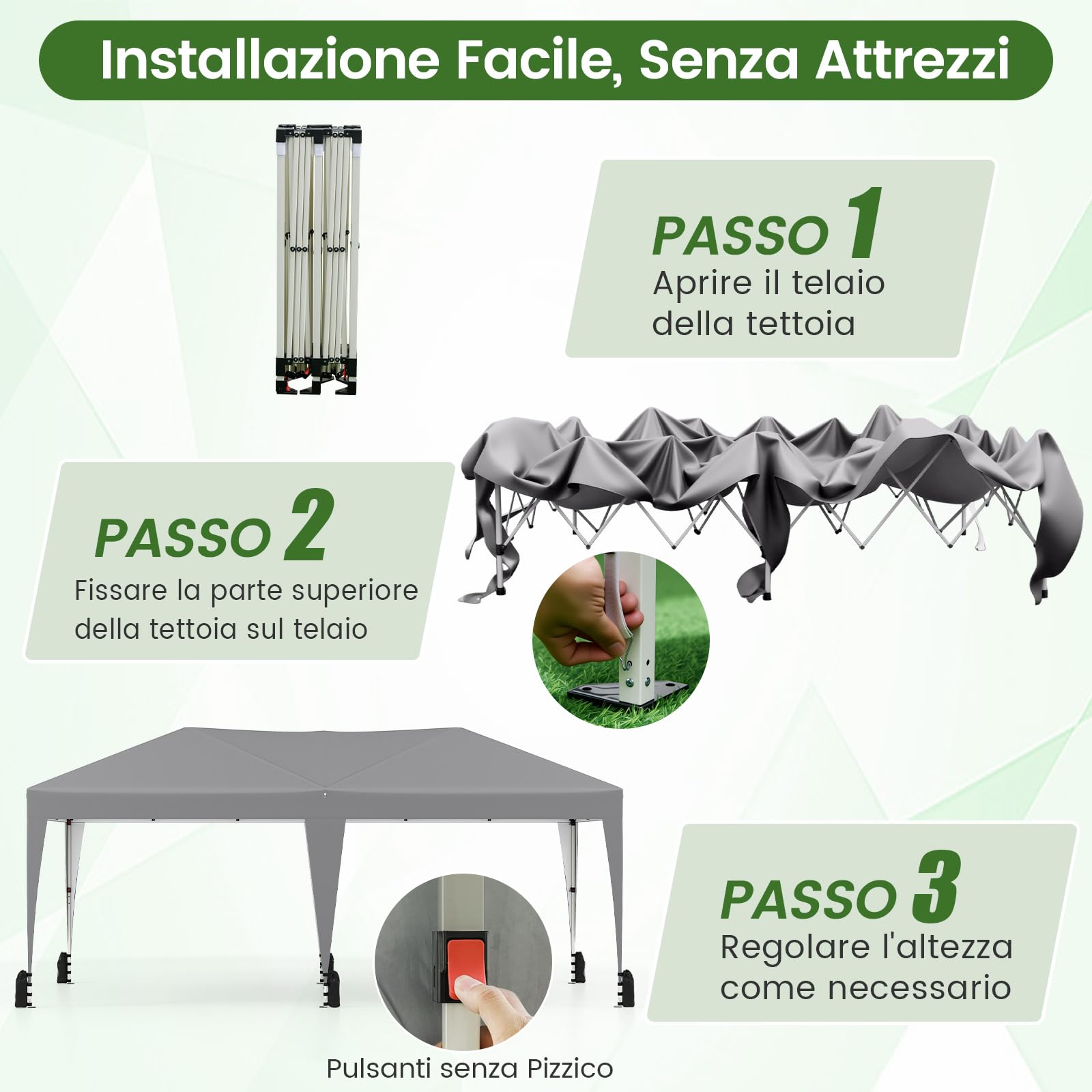COSTWAY 3x5,9 m Gazebo da Giardino Pieghevole, Regolabile in Altezza, Gazebo Esterno Impermeabile Antivento con Borsa a Rotelle, Montaggio Veloce, Tendone per Feste, Mercati e Matrimoni (Grigio)