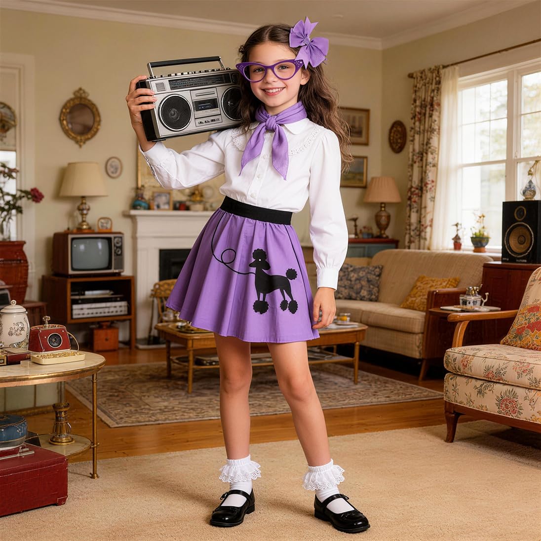 50s Outfit for Girls Poodle Skirt Costume Set for Halloween Birthday Party — view 3