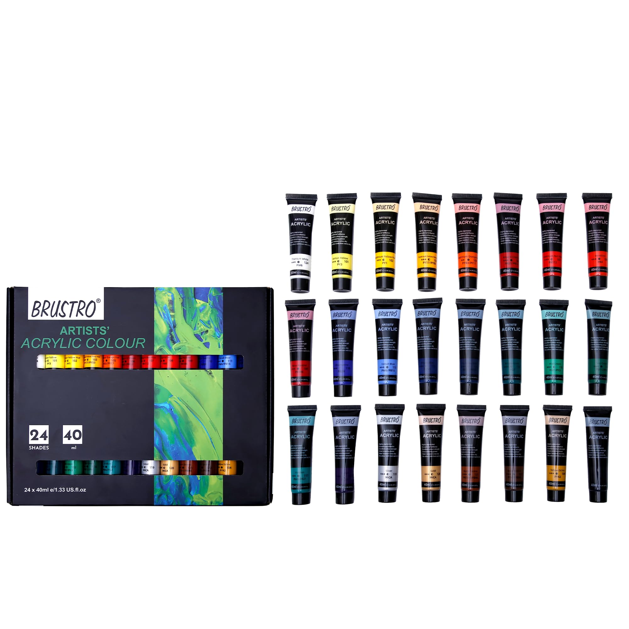 BRUSTRO Künstler-Acrylfarbe, Set mit 24 Stück, 40 ml Farbtuben, lebendige Farbtöne, weicher Körper, auf Wasserbasis, ungiftig, miteinander mischbar, ideal für Papier, Leinwand, Karton, Kunststudenten,