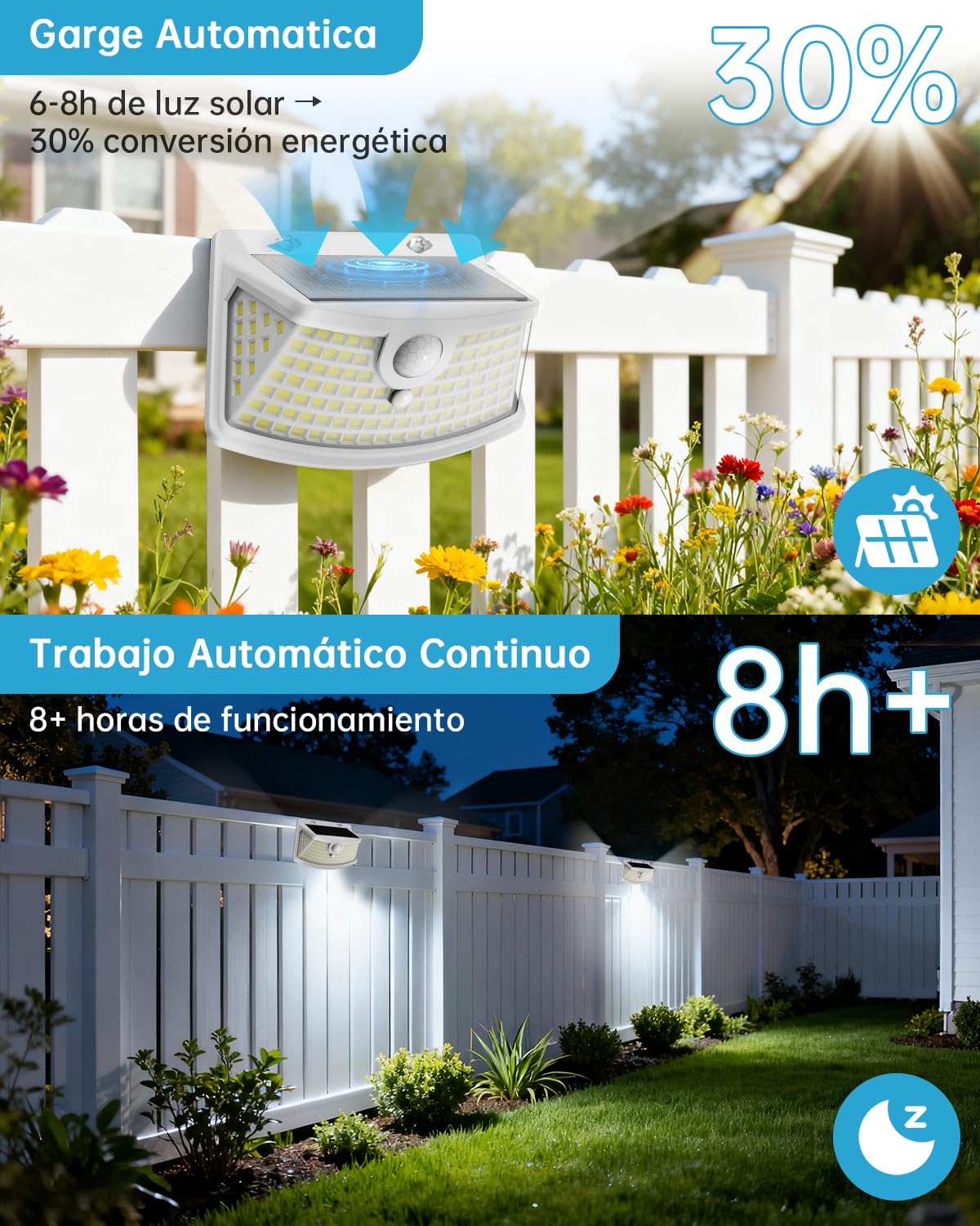Aootek Focos Solares Exteriores LED - Sensor Movimiento 120 LEDs Ángulo Amplio 270° Impermeable IP65 Jardín Terraza Seguridad - Pack de 8, Carcasa Blanco, Luz Fría | Detector de movimiento 8 m, forma curva, batería de litio, carcasa blanca, luz fría