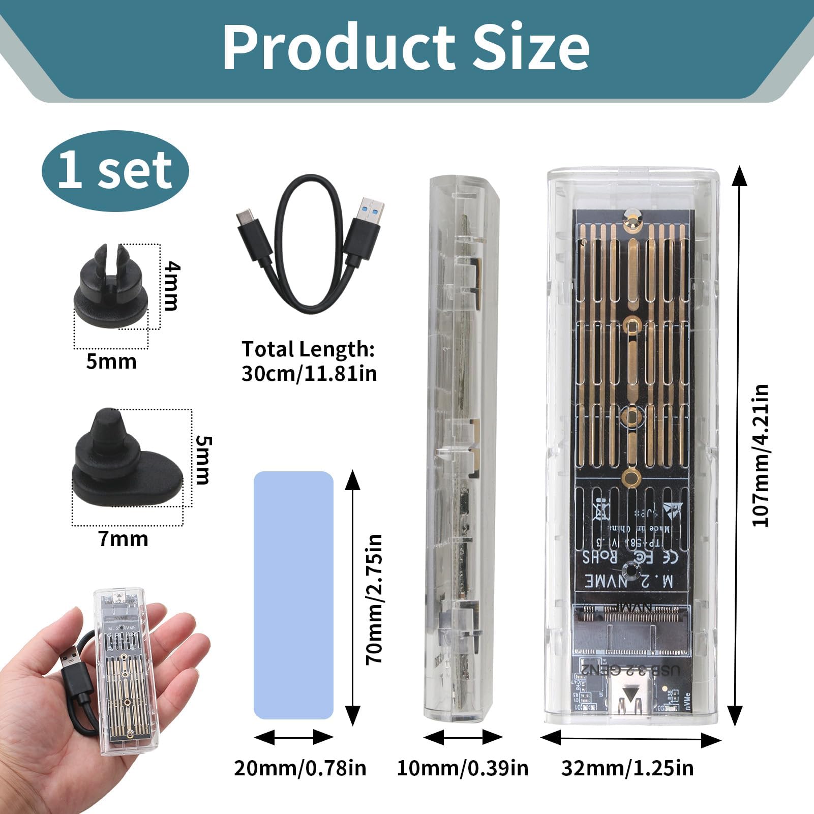 Carcasa Disco Duro SSD Adaptador M2 NVMe USB Carcasa SSD PCIe NVMe Disco Duro 10Gbps USB3.1 Gen2 Caja Disco Duro Lector para 2230/2242/2260/2280 NV-Me y S-ATA M-Key / B + M Key con Cable USB — view 3