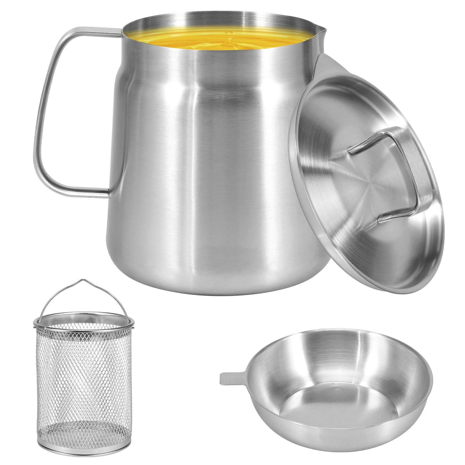 KTZCTPCA Stainless Steel Oil Filter Pot,Oil Strainer Tank Versatile Oil Filter Vessel,Bacon Grease Keeper with Strainer,Oil Store Contain Bacon Grease Container for Storing Frying Oil Grease (2L)