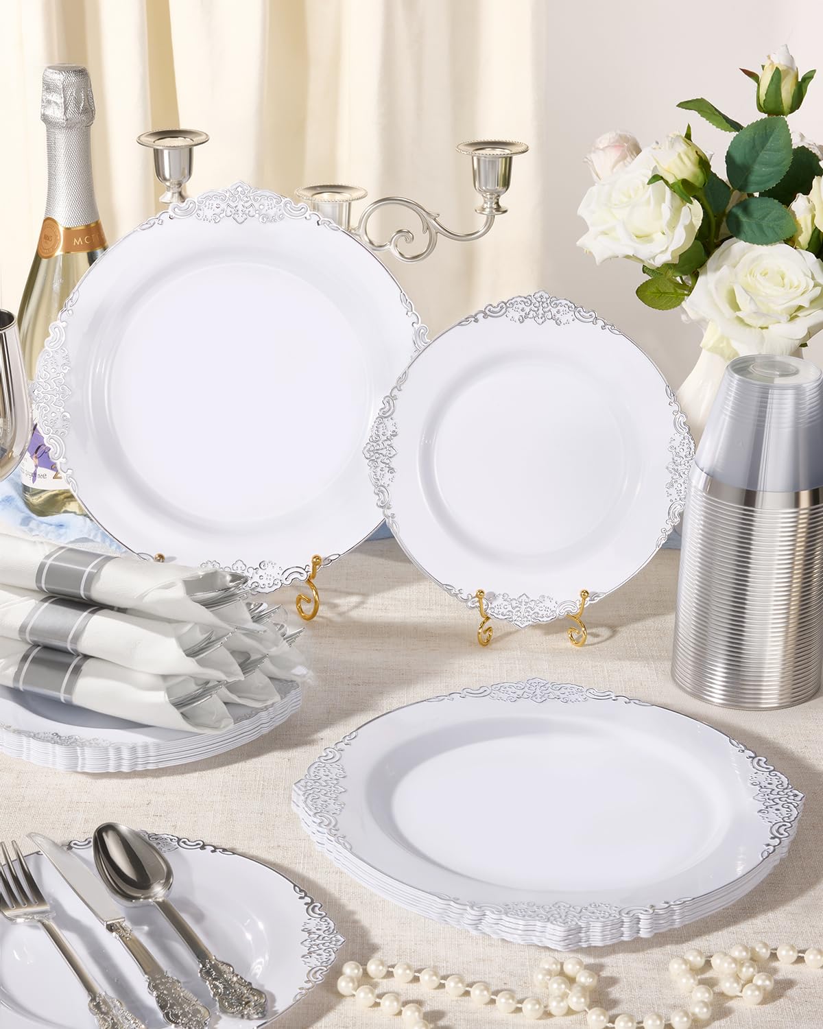 350 Piece White & Silver Dinnerware Set - 50 Guests -4