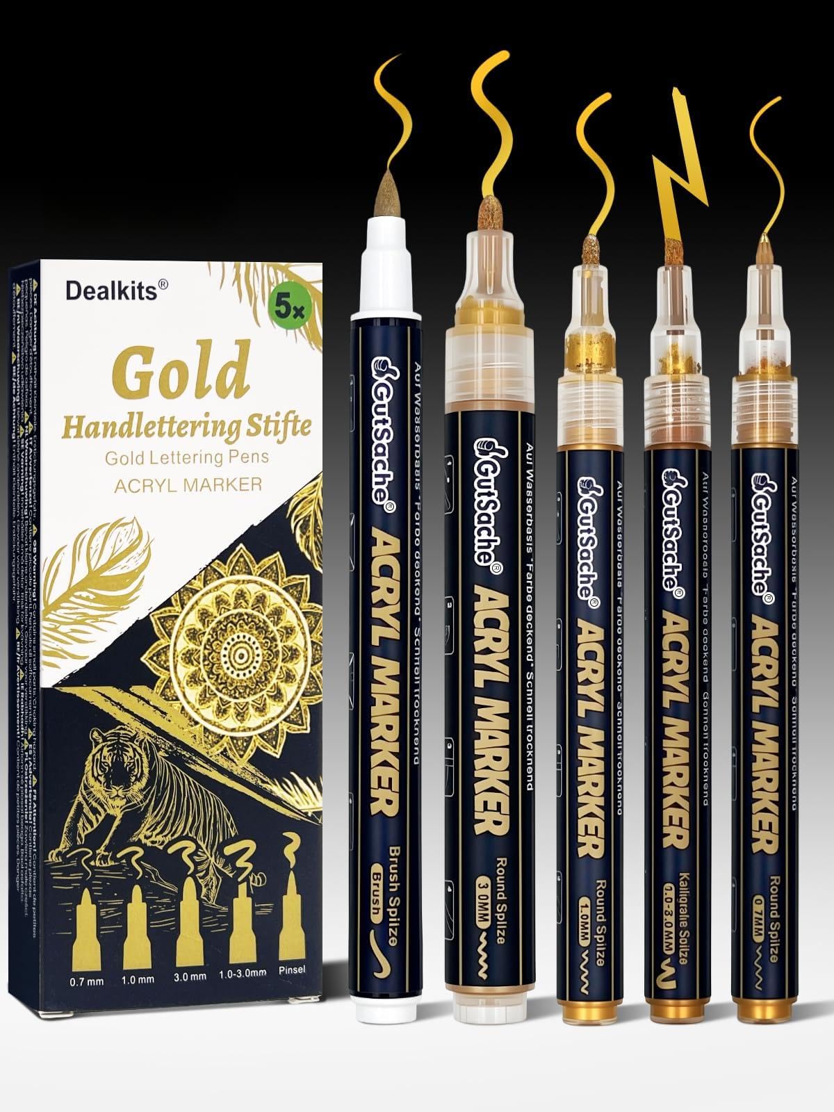 DealKits 5 rotuladores acrílicos dorados, rotuladores acrílicos opacos para madera, vidrio, papel, piedra
