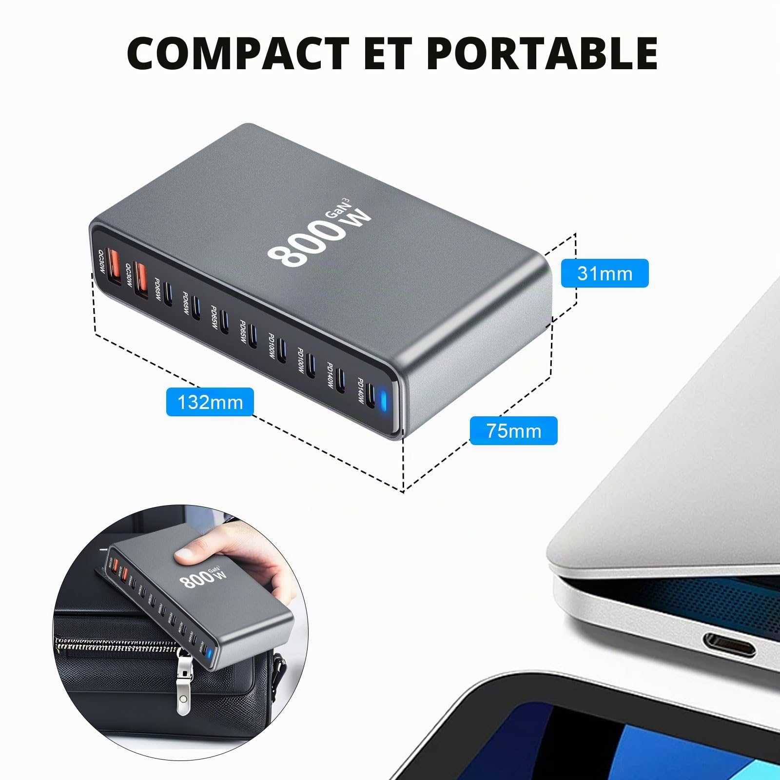 800W Station de Charge - Chargeur Rapide à 10 Ports avec 8 Ports USB C + 2 Ports USB A, Caricatore USB Multiplo Compatible avec MacBook, iPad, iPhone séries 16/15/14, Galaxy S22/ S20, Dell, HP