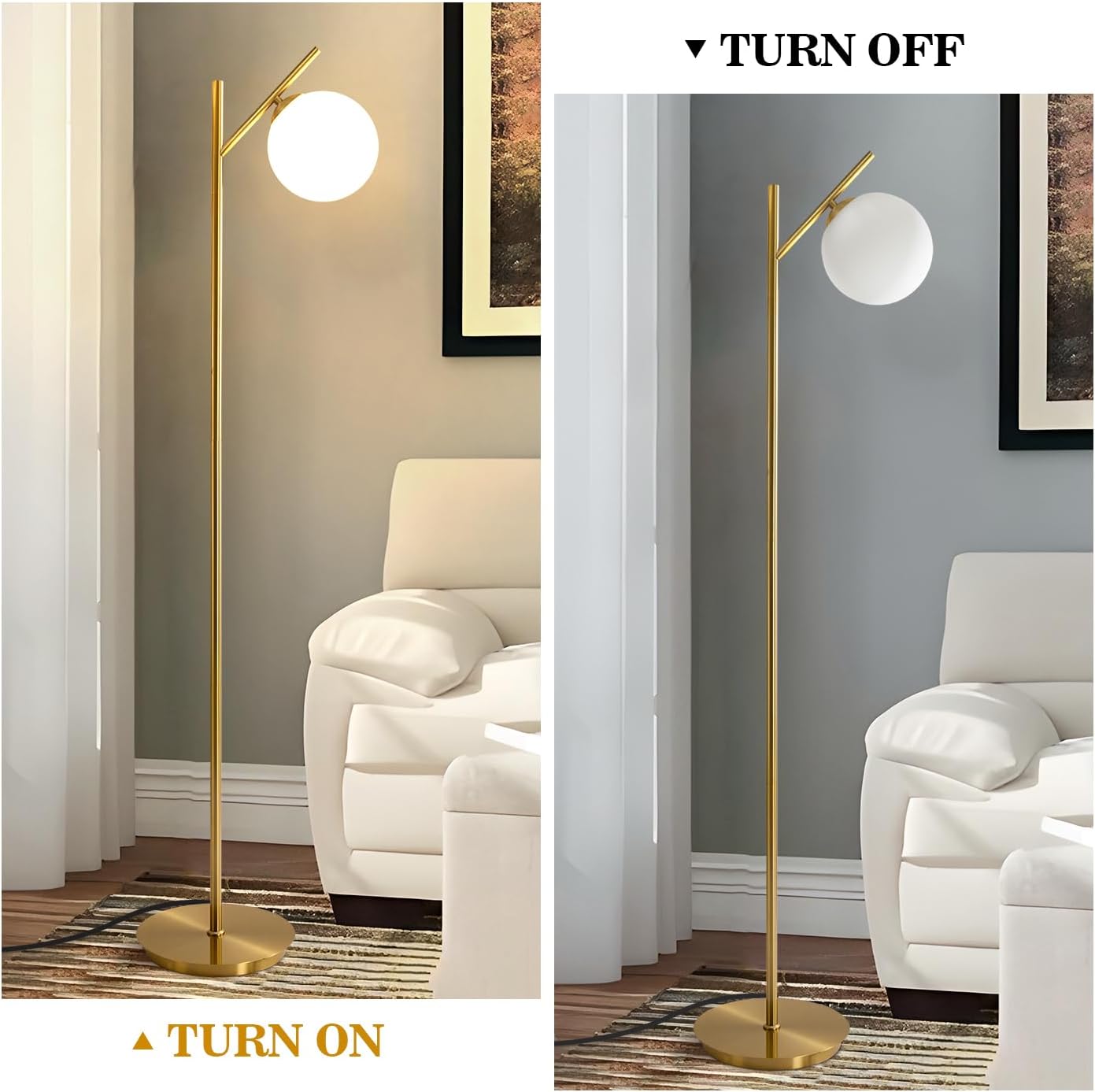 Mid Century Floor Lamp for Living Room Modern Tall Standing Lamp with Frosted Glass Globe Shades Contemporary Brass Freestanding Lamp for Office Bedroom (Gold)