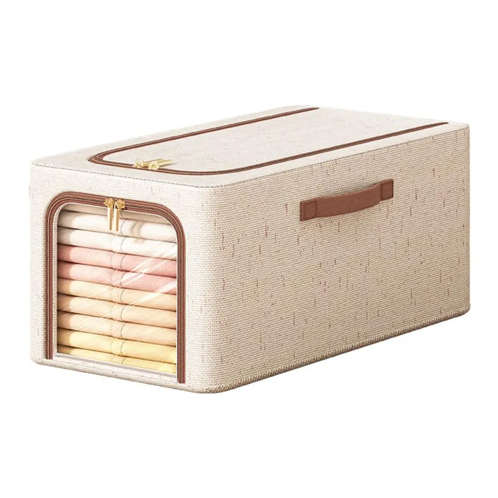 Photo 1 of RZJZGZ 49L Clothes Storage Bins with Metal Frame, Foldable Linen Storage Boxes with Lids, Linen Fabric Storage Box with Lid Clear Window?Beige? (Large size)