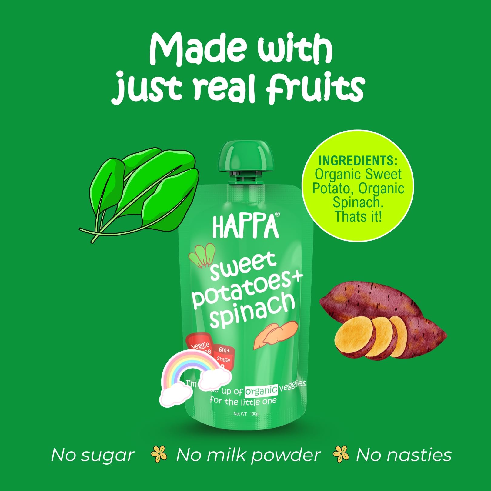 Happa Organic Baby Food Sweet Potato and Spinach Puree | 100% Fruits and Vegetables | No Added Sugar, No Milk Powder, No Preservatives | Stage 2 (6 Months+) | Ready to Eat | Free from Common Allergens | Pack of 4 (100g Each)
