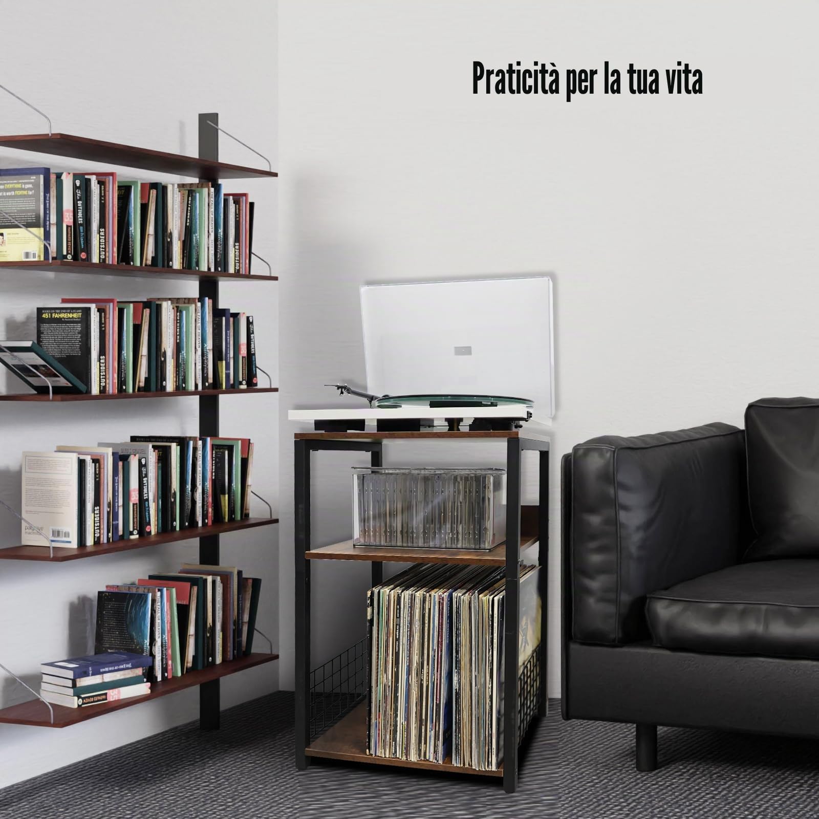 MayRecords Supporto per giradischi, tavolino con 3 ripiani in vinile, supporto per riporre fino a 100 album, supporto marrone per soggiorno, camera da letto