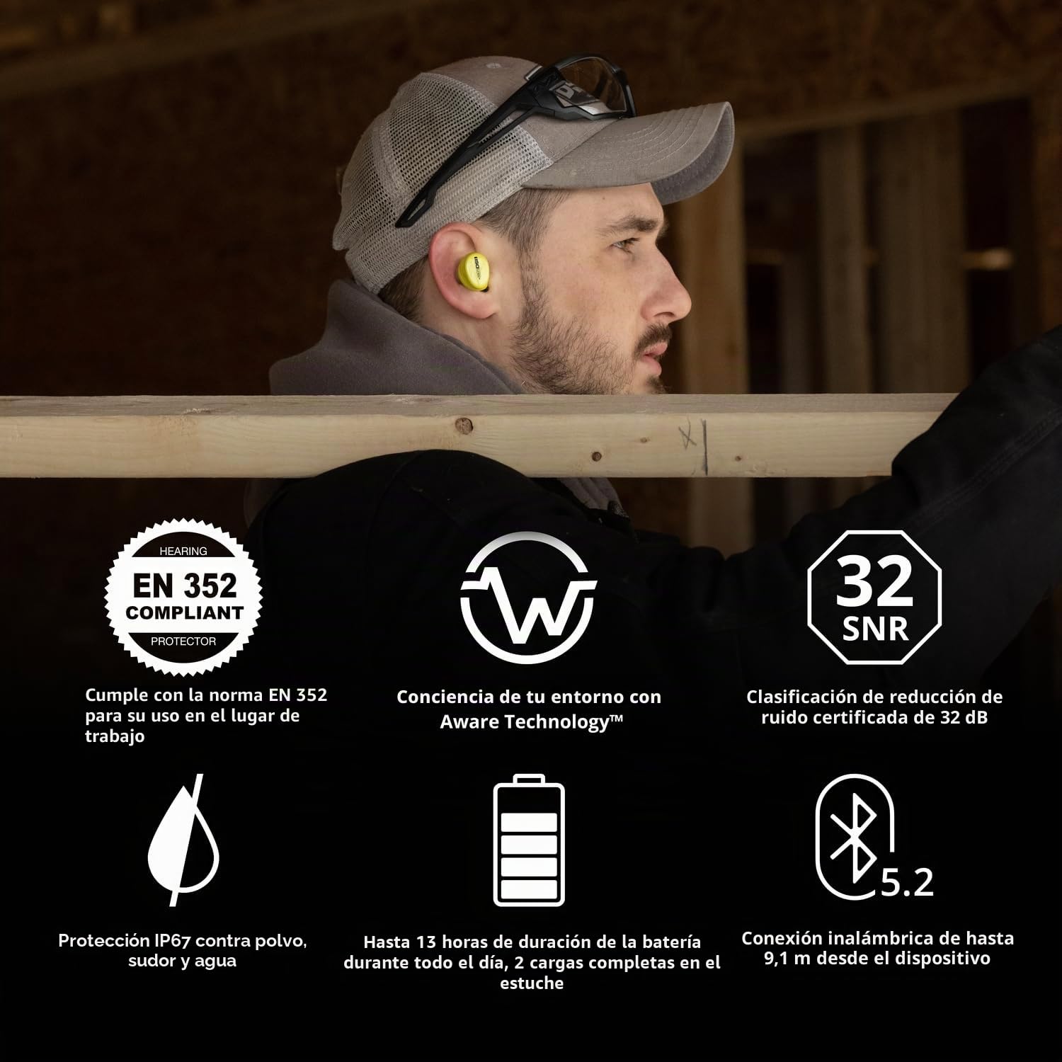 ISOtunes Protección auditiva Free Aware: Auriculares Bluetooth inalámbricos con certificación EN352 con tecnología de Audio PassThrough