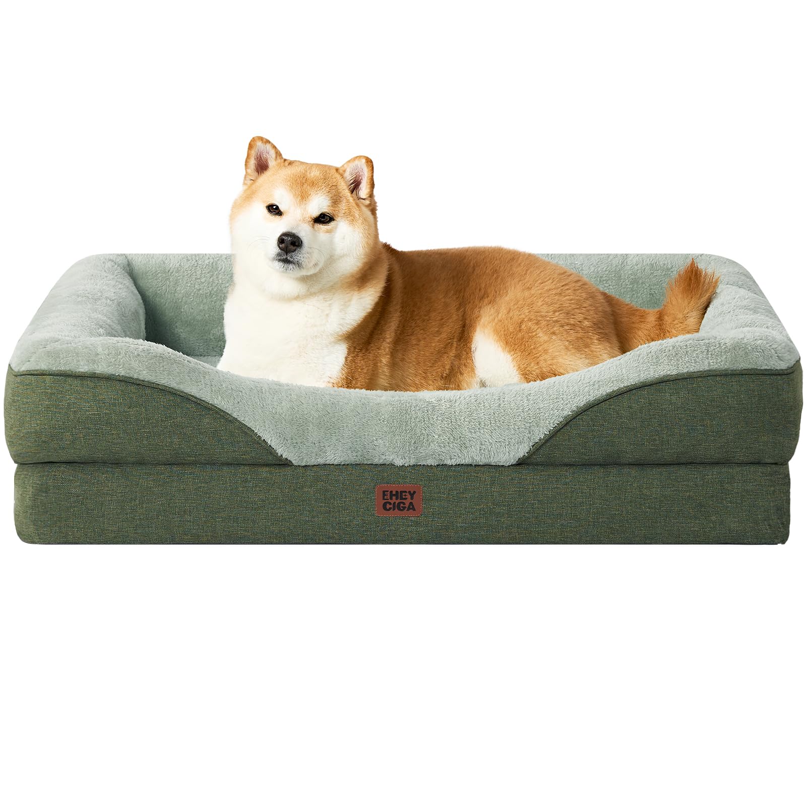 EHEYCIGA Orthopädisches Hundebett Kleine Hunde, 89x56x16.5cm, Memory Foam Waschbar und Wasserdicht Hundekorb mit 4 Rändern, Hundesofa Hundecouch rutschfest, Grün