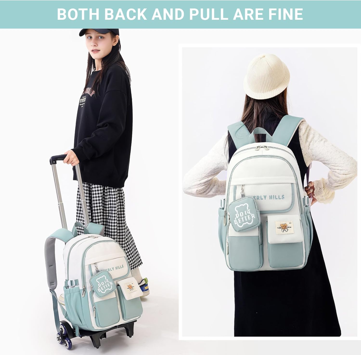 IvyH Rugzak met wielen voor meisjes, 16 inch stijlvolle schooltas trolley meisjes, afneembare schooltas voor kinderen met 6 wielen, 2e 5e klas, lila, 32 x 16 x 47 cm