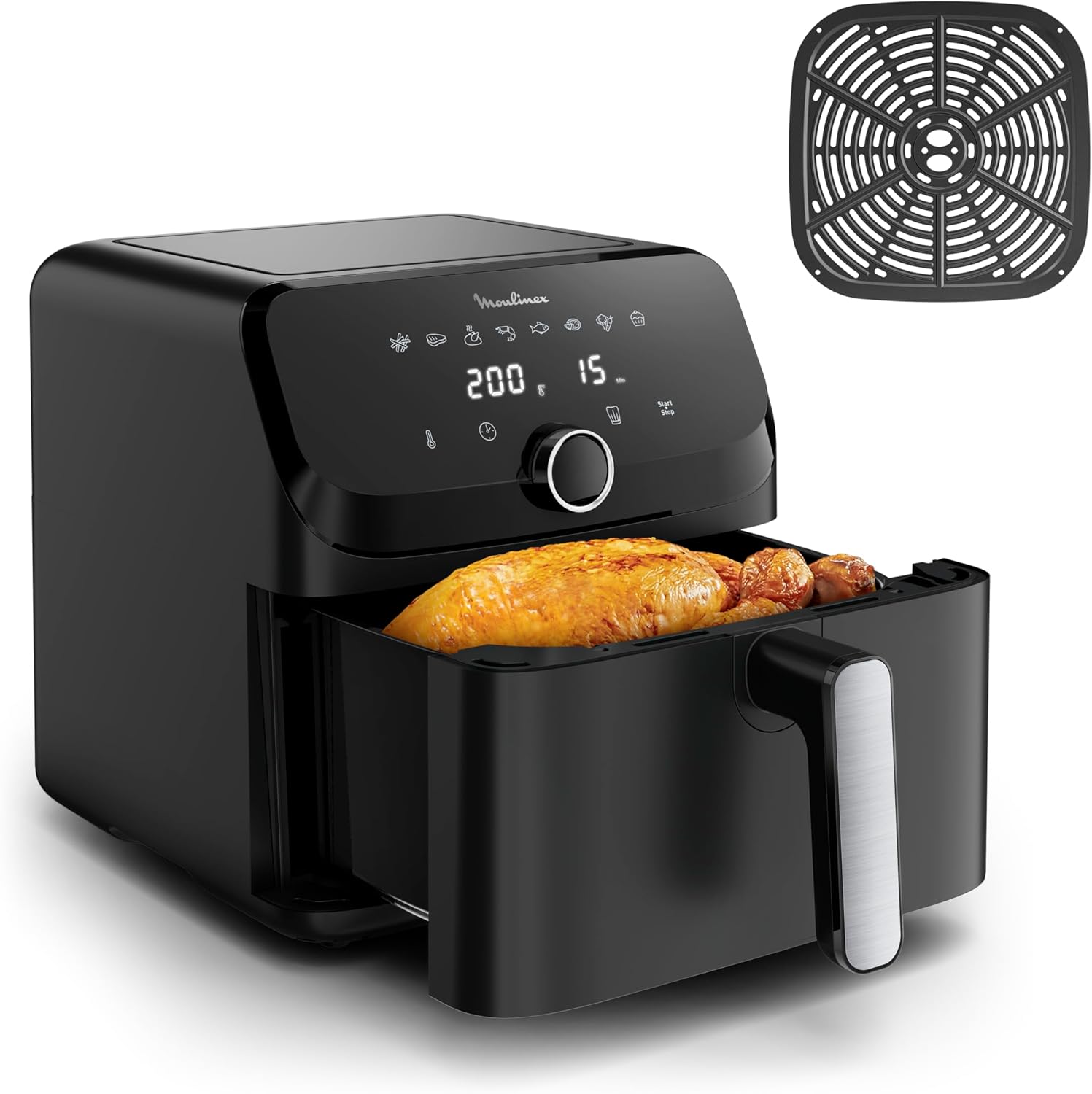 Moulinex Easy Fry Mega Air Fryer with basket pulled out showing a cooked chicken
