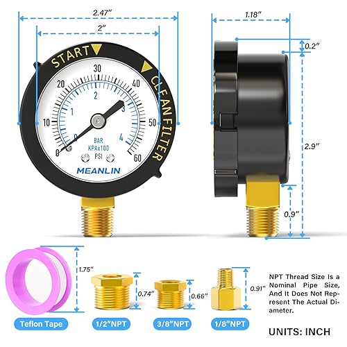Vista 25 de MEANLIN MEASURE Marco de plástico de 0 ~ 60 psi, medidor de presión de arranque NPT y filtro limpio, adecuado para piscina, spa, acuario, montaje