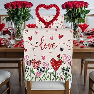 Chair Back Covers Set of 1, Vintage Valentine's Heart Tree Plant Dining Room Chair Cover Washable Removable Slipcover, Love on Retro Linen Chairs Protector for Kitchen Hotel Party