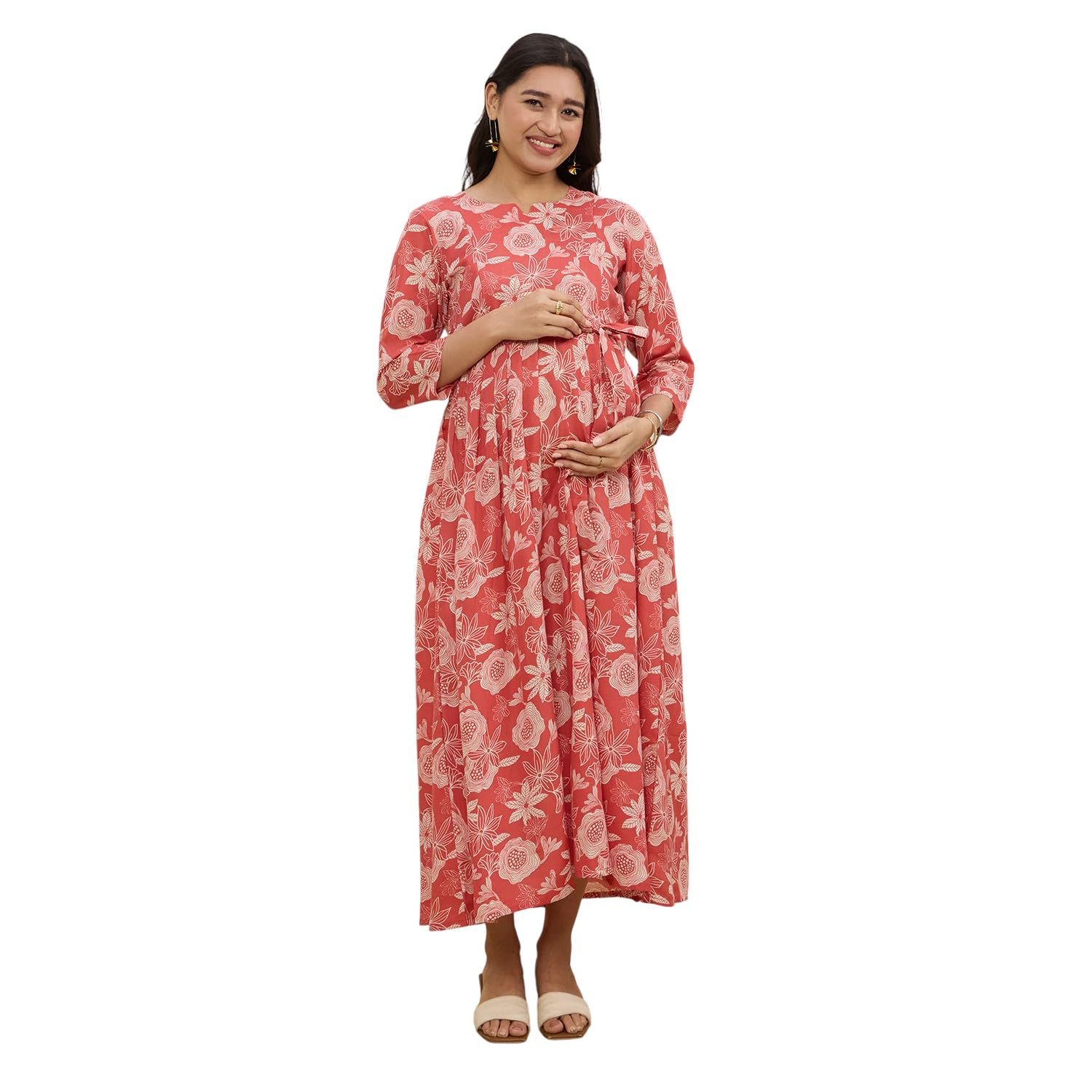Cotton Maternity Feeding Kurti Dress for Women | Peach Pregnancy Dress with Concealed Zippers for Nursing | Soft Breathable Fabric | Comfortable Calf-Length Outfit for Office