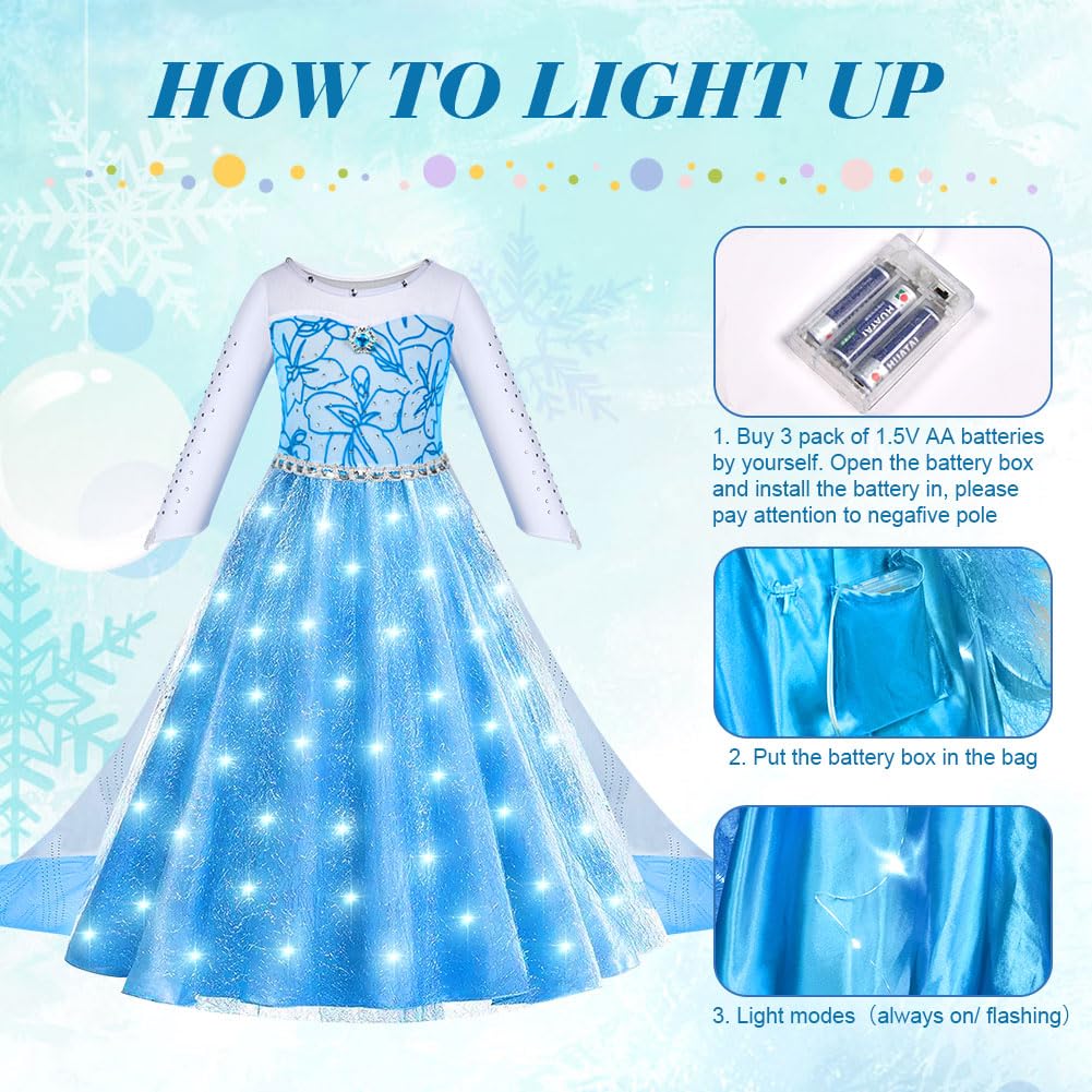 ACWOO Elsa Vestito Set, Costume Elsa Anna Congelamento Bambina Principessa con Corona Bacchetta, LED Luminoso Costume da Principessa per la Halloween Cosplay Party Compleanno Vestito Fantasia