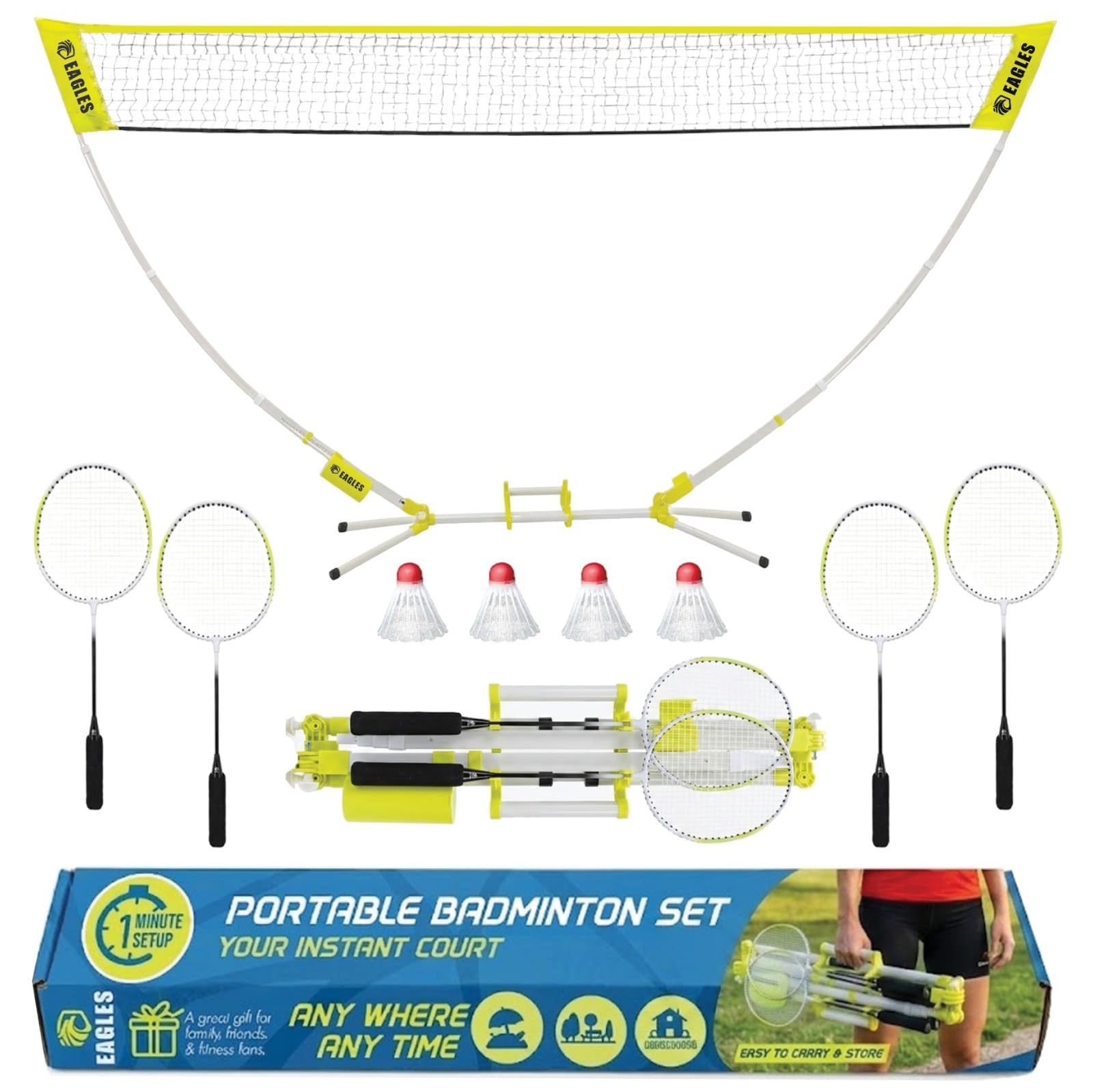 Complete Portable Badminton Set - Quick &amp; Easy Setup - 4 Rackets 2 Birdies Shuttlecock, 1 Net &amp; Badmington Pole Frame for Backyard Park &amp; Beach Games, Indoor Outdoor Sports Equipment for Family Fun