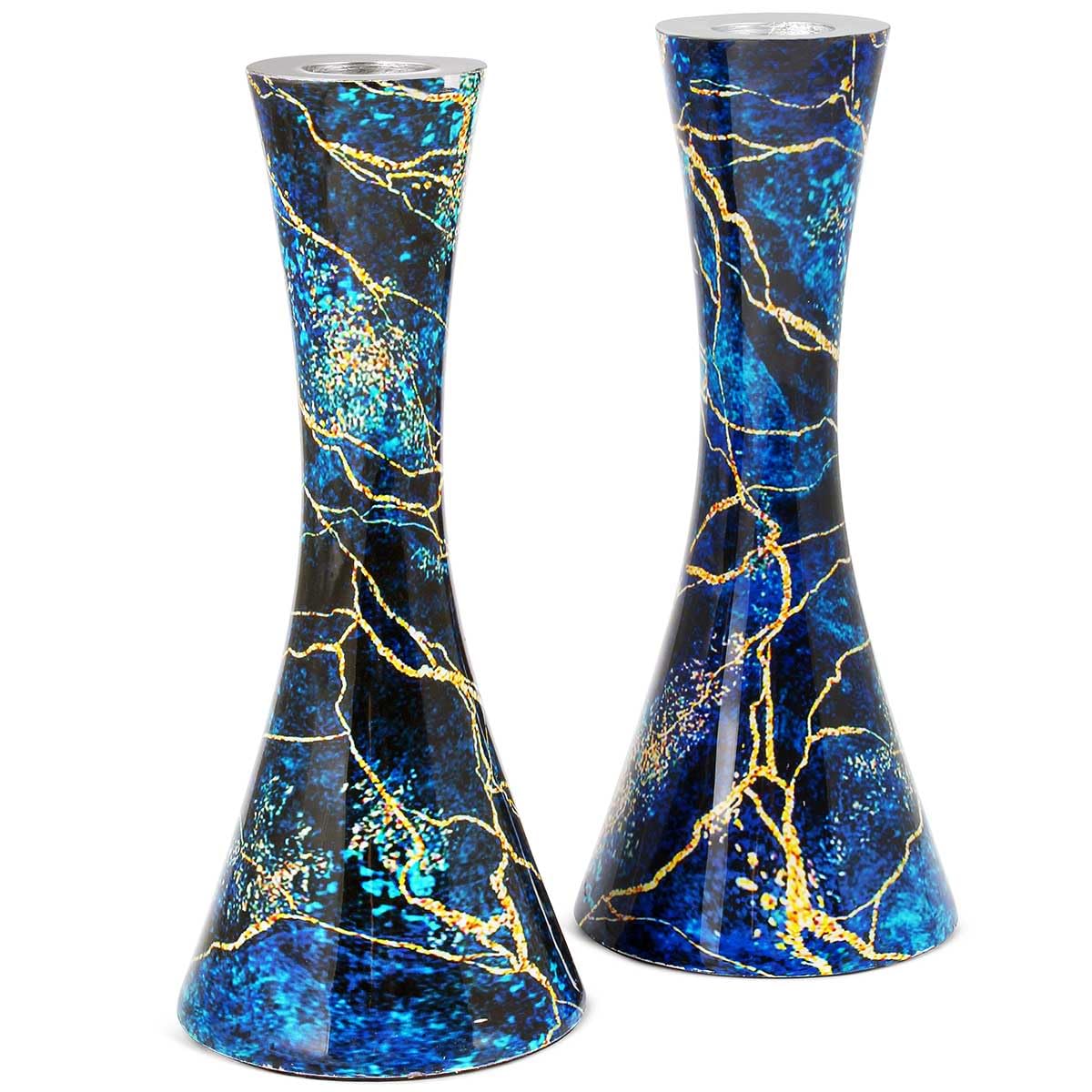 Zion Judaica Marbel Decal Candle Holder Set of 2 - Marbleized Metal Modern Candlesticks 6.75