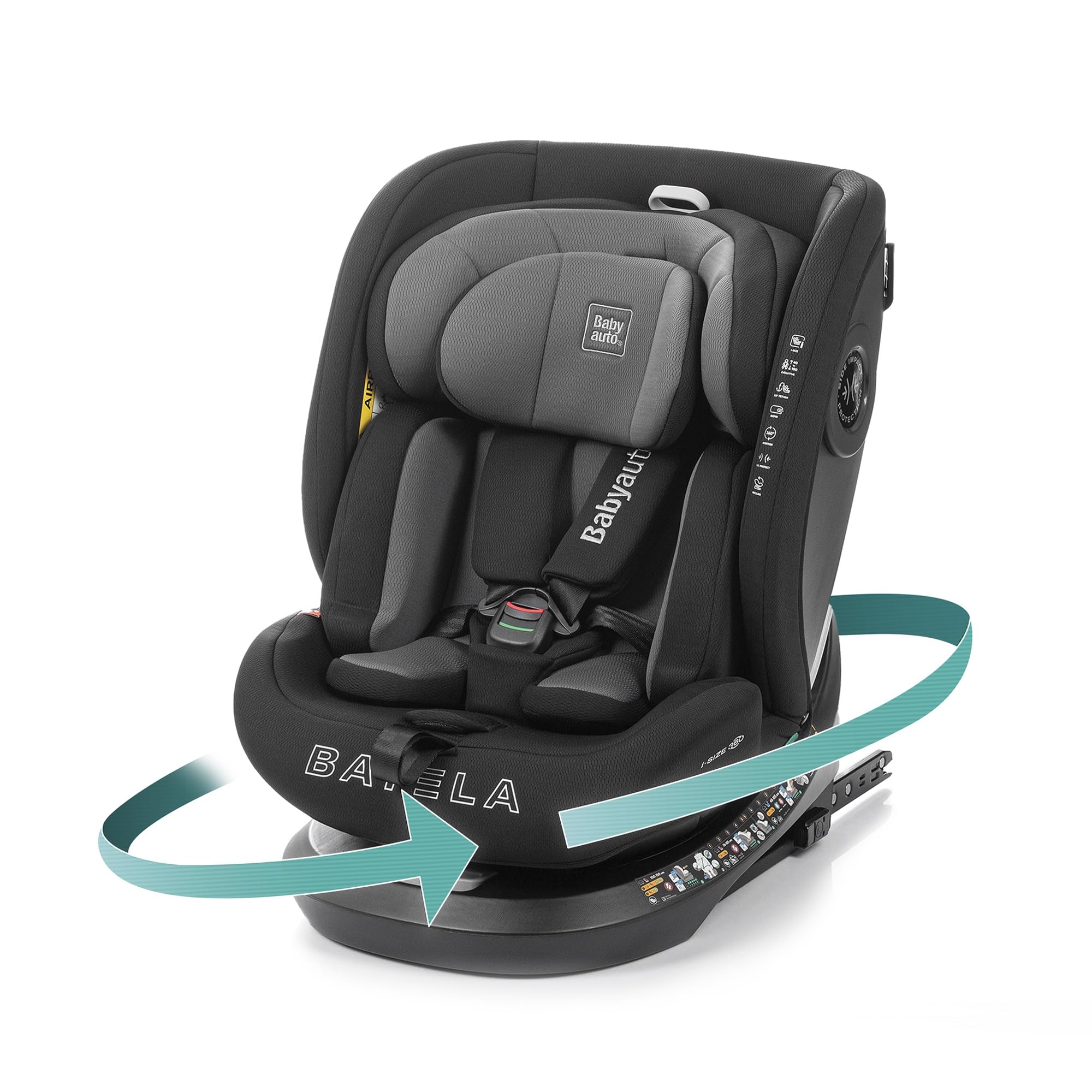 BABYAUTO – Silla de Coche Batela iFix i-Size (0-12 Años, 40-150 cm, 0-36 kg) – Giratoria 360° – ISOFIX + Top Tether – A Contramarcha hasta 105 cm – Arnés 5 Puntos – Protección Lateral – Gris