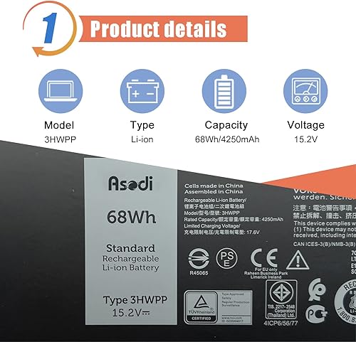 Miniatura 2 de ASODI 3HWPP - Batería para portátil de 68 Wh, compatible con Dell Latitude 5401 5410 5411 5501 5510 5511 Precision 3541 3551 Inspiron 17 7500 7506